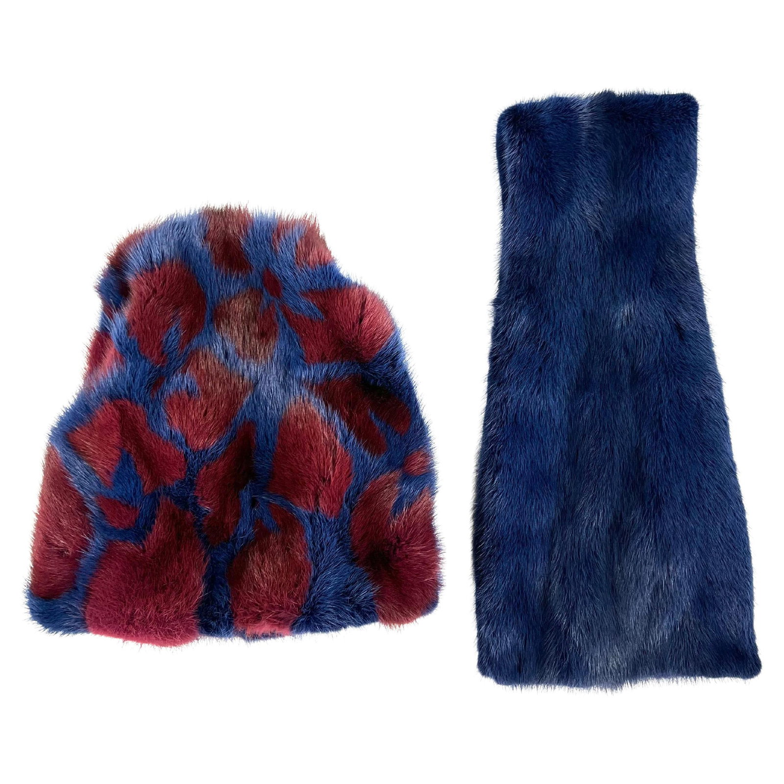 Red and navy mink hat with matching scarf set (1 of 6)