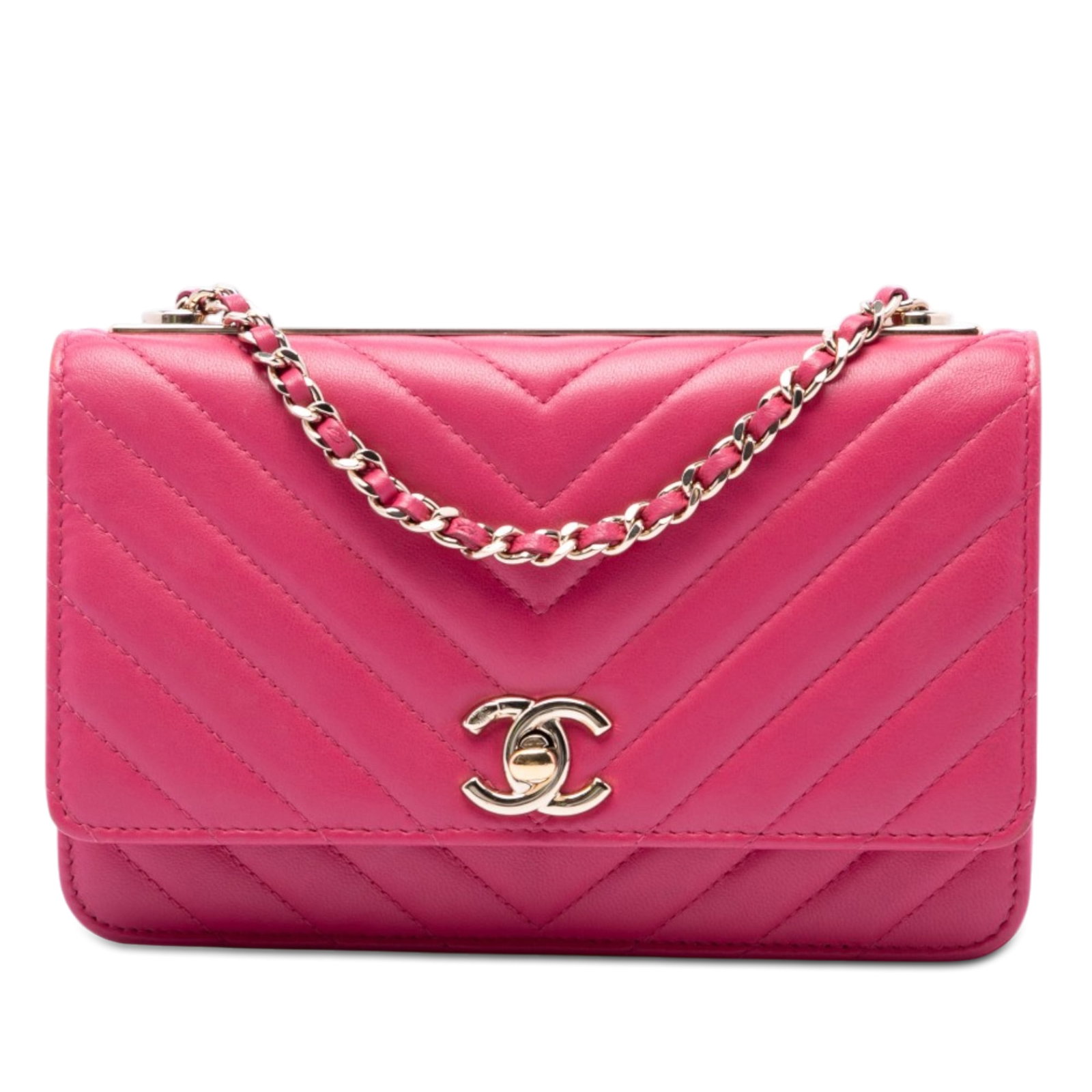 Chanel Trendy CC Wallet on Chain Pink Chevron Lambskin Bag: Chanel Trendy CC Wallet on Chain Pink Chevron Lambskin Bag Chanel Chevron Lambskin Trendy CC Wallet on Chain in pink lambskin leather. This crossbody bag features chevron quilting, a leather-woven cha