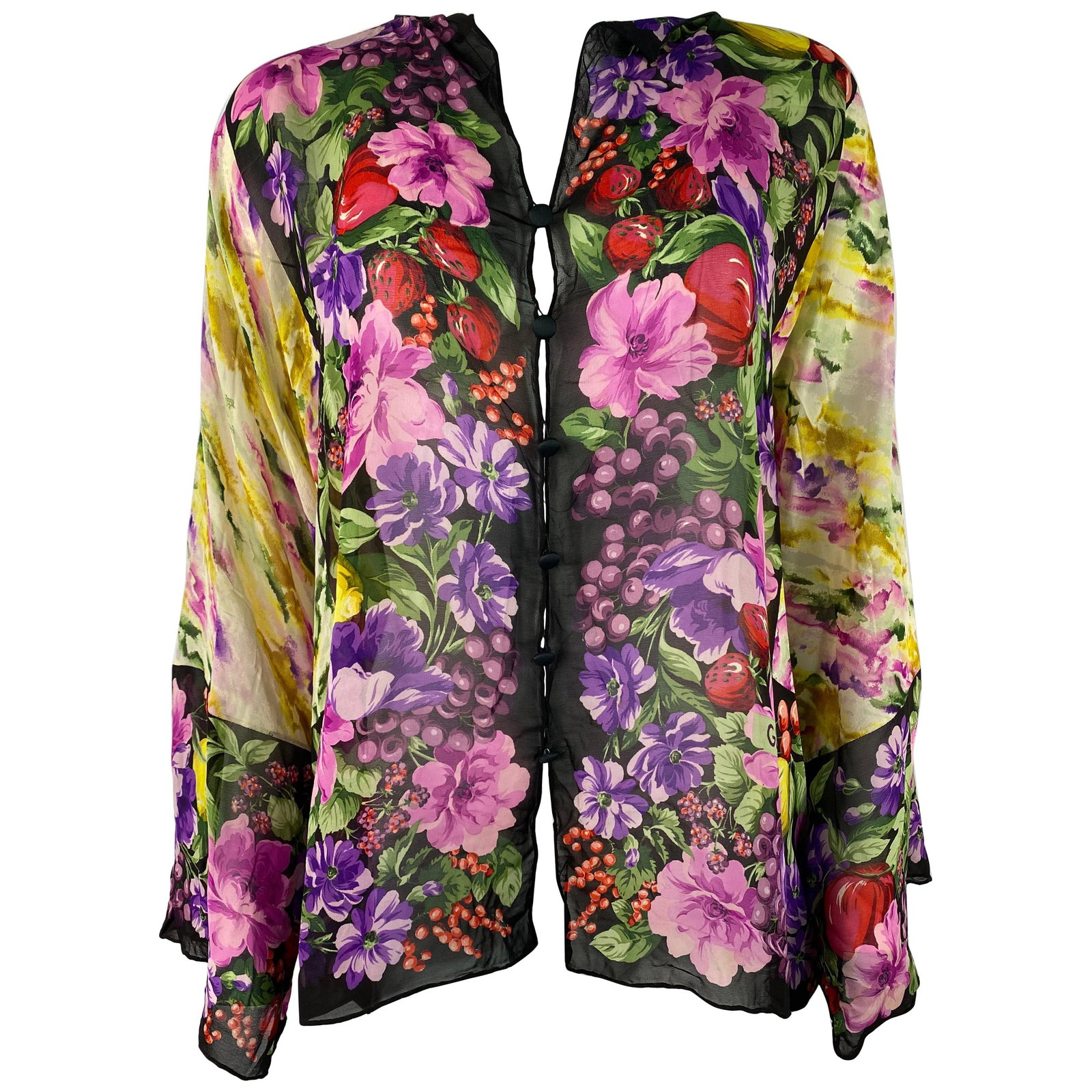 Gucci Floral Silk Blouse in Black and Multicolor: Gucci Floral Silk Blouse in Black and Multicolor Vintage Gucci silk blouse top from Italy, dating to the late 20th century. It features a multicolor floral pattern with black accents, a front button c