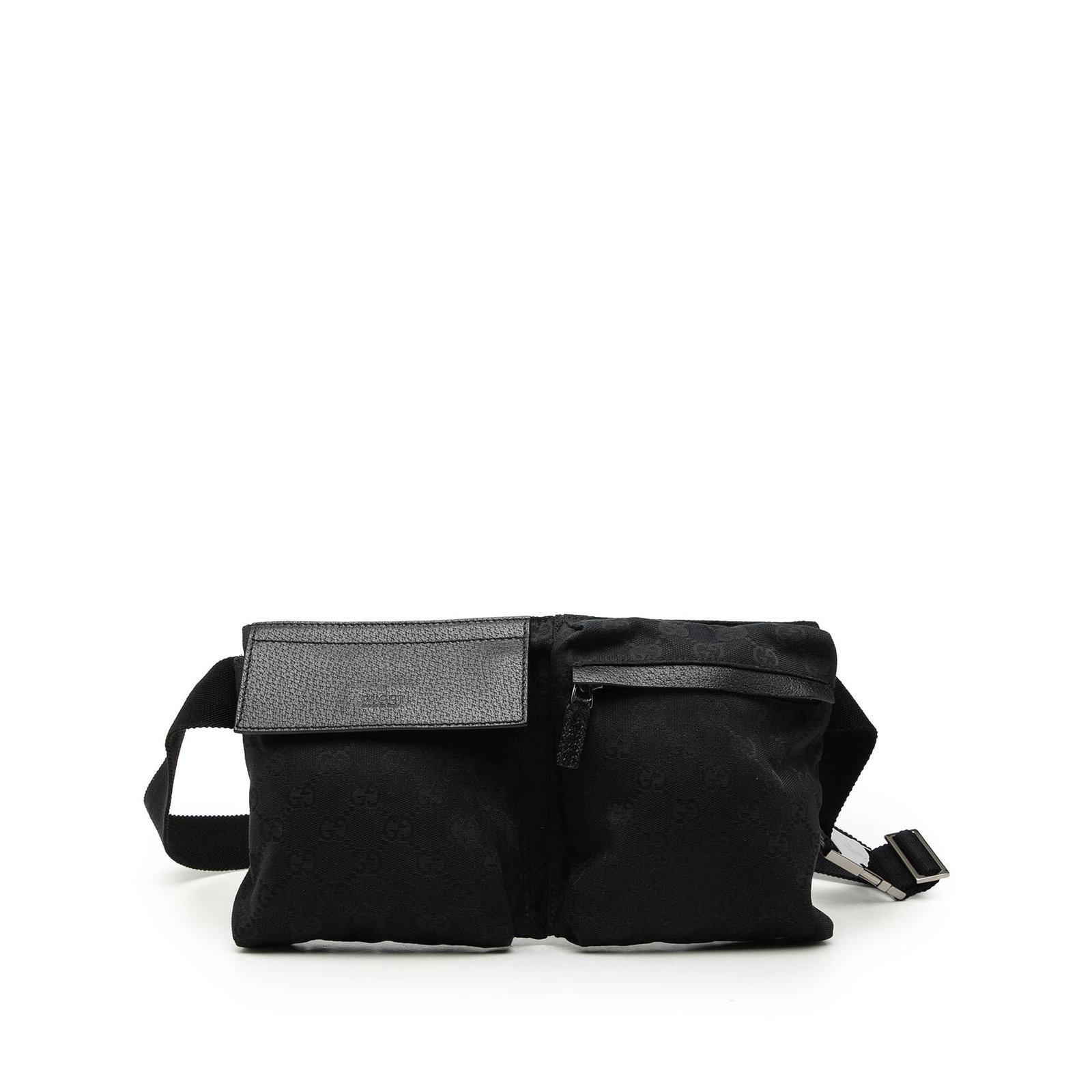 Gucci GG Canvas Double Pocket Waist Bag Black: Gucci GG Canvas Double Pocket Waist Bag Black Gucci GG Canvas Double Pocket Belt Bag with a canvas body and leather trim. The design includes an adjustable flat canvas waist strap, front flap and zip 