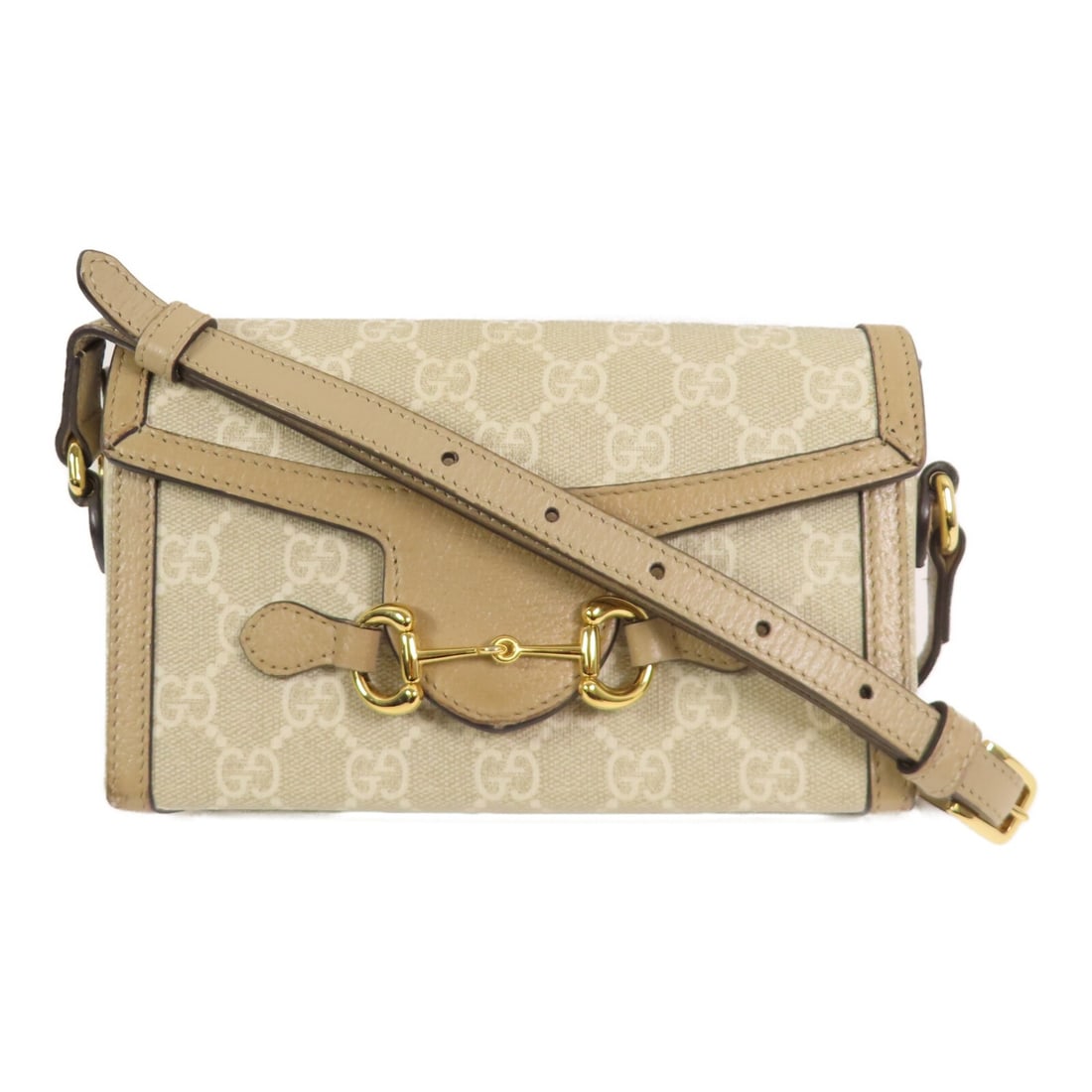 Gucci 699296 GG Horsebit 1995 beige coated canvas shoulder bag: Gucci 699296 GG Horsebit 1995 beige coated canvas shoulder bag Gucci GG Horsebit 1995 shoulder bag in beige PVC coated canvas. Designed for women, this regular-size bag is made in Italy and features t