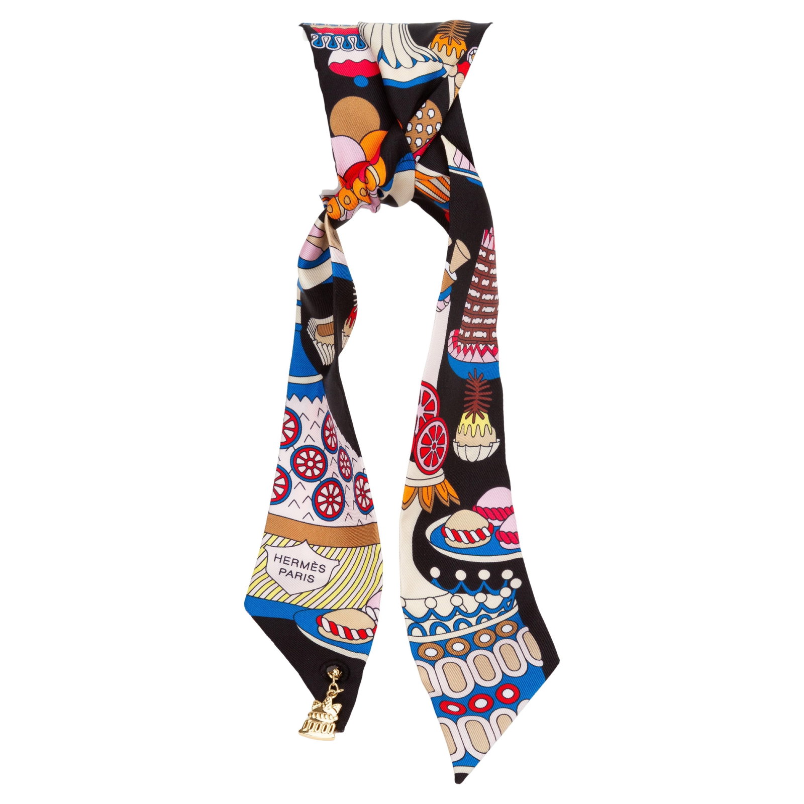 Hermes La Patisserie Francaise Silk Twilly Scarf NIB 34in: Hermes La Patisserie Francaise Silk Twilly Scarf NIB 34in Introducing the Hermes "La Patisserie Francaise" Twilly, a luxurious accessory that showcases a delightful dessert-themed design. Crafted from