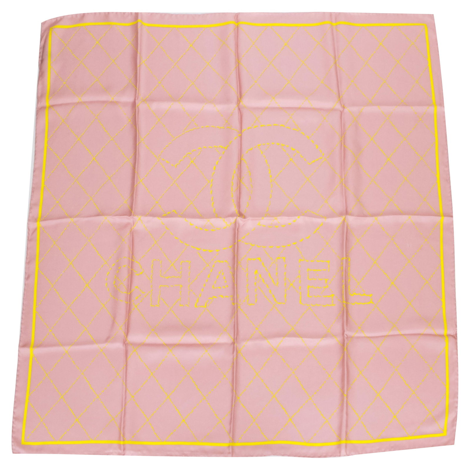 Chanel 100% Silk Pink Yellow Logo Scarf 35 x 35 Made in Italy: Chanel 100% Silk Pink Yellow Logo Scarf 35 x 35 Made in Italy Elevate your accessory game with this stunning Chanel pink and yellow quilted logo scarf, crafted from 100% silk. Measuring 35 inches by 3