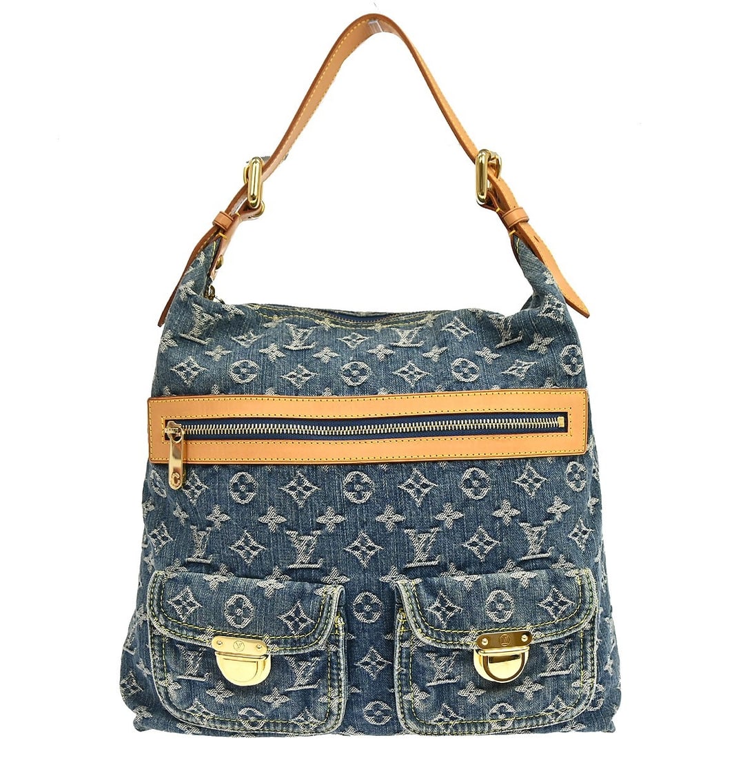 Louis Vuitton Baggy GM Blue Monogram Denim Hobo M95048: Louis Vuitton Baggy GM Blue Monogram Denim Hobo M95048 Louis Vuitton Monogram Denim Baggy GM shoulder bag in blue monogram denim canvas with leather trim. It features a zipper closure, beige handle/st