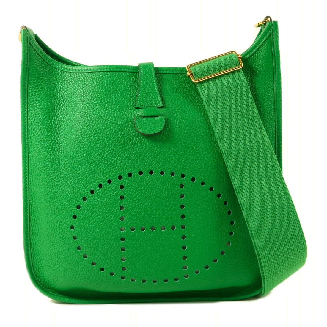 Hermes Evelyne PM Green Clemence Leather Shoulder Bag: Hermes Evelyne PM Green Clemence Leather Shoulder Bag Hermes Evelyne PM shoulder bag in green Taurillon Clemence leather with calfskin exterior details. It features a hook button closure, one open out