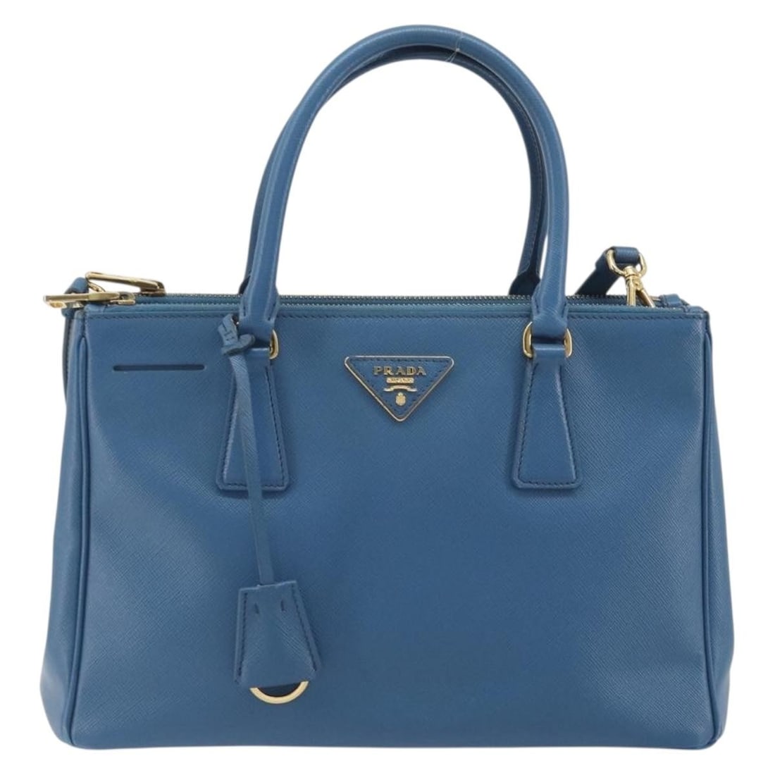 Prada Double Zip Lux Tote Blue Leather Handbag: Prada Double Zip Lux Tote Blue Leather Handbag Prada Double Zip Lux Tote in blue leather with a structured silhouette and dual-zip design. Made in Italy, this bag is presented in good condition with l
