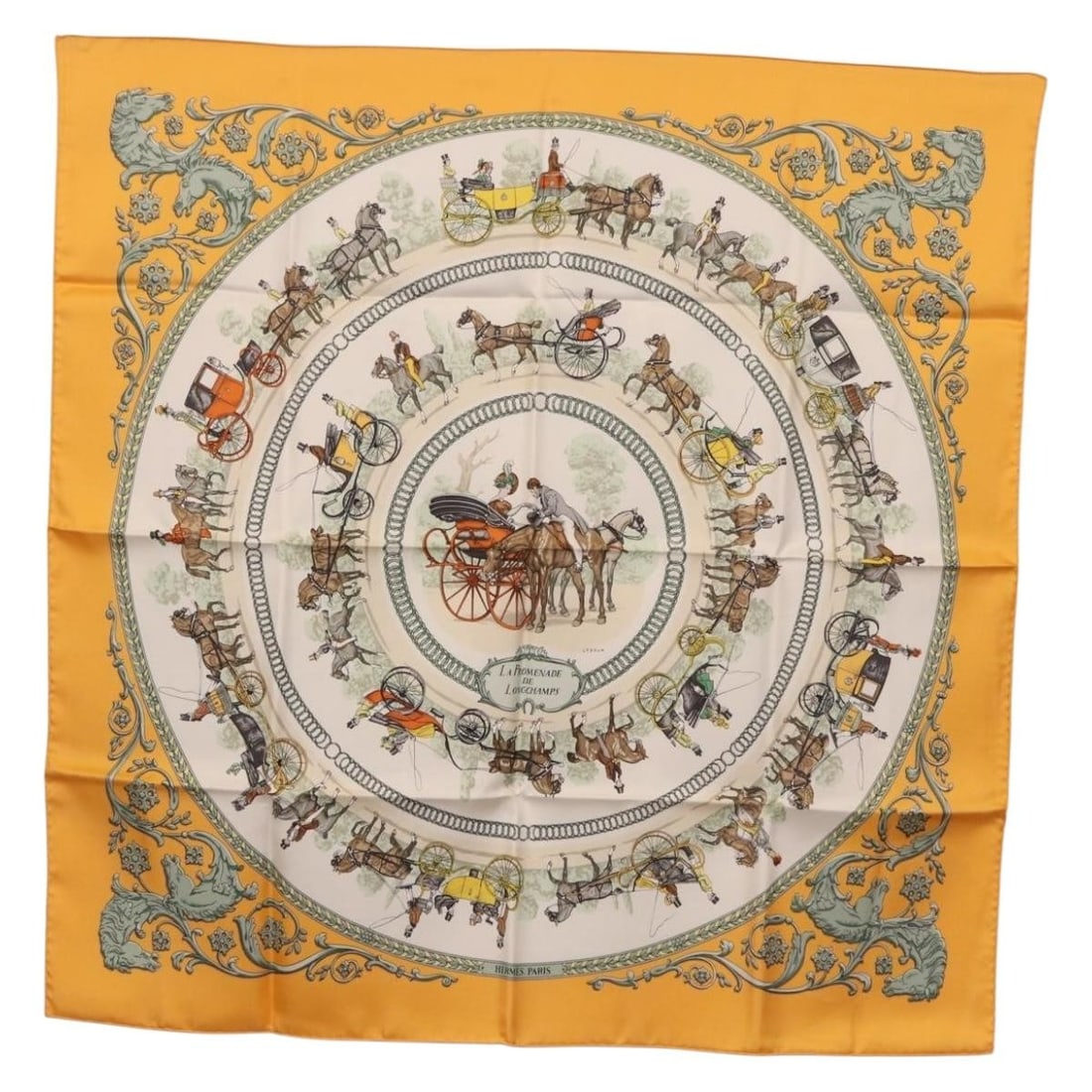 Hermes La Promenade de Longchamps Silk Scarf 90cm Yellow: Hermes La Promenade de Longchamps Silk Scarf 90cm Yellow This Hermes Carre 90 scarf features the La Promenade de Longchamps design in yellow silk. It is a women's scarf made in France and comes with t