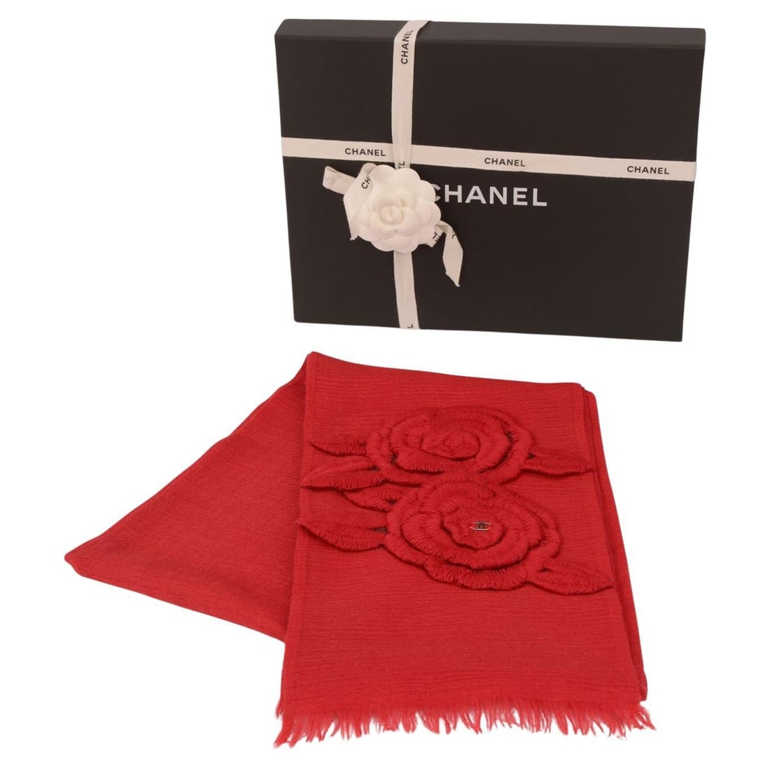 Chanel Red Camellia Cashmere Silk Scarf NIB Italy 21st Century: Chanel Red Camellia Cashmere Silk Scarf NIB Italy 21st Century Elevate your accessory collection with this exquisite Chanel Camellia Cashmere Scarf. Crafted from a luxurious cashmere and silk blend, t