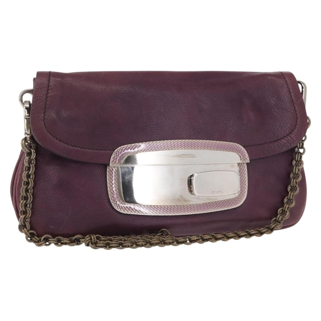 PRADA leather pouch in silver purple with chain dust bag: PRADA leather pouch in silver purple with chain dust bag Authentic Prada leather pouch in a silver and purple colorway with chain strap styling. Made in Italy, this women's pouch includes a dust bag. 