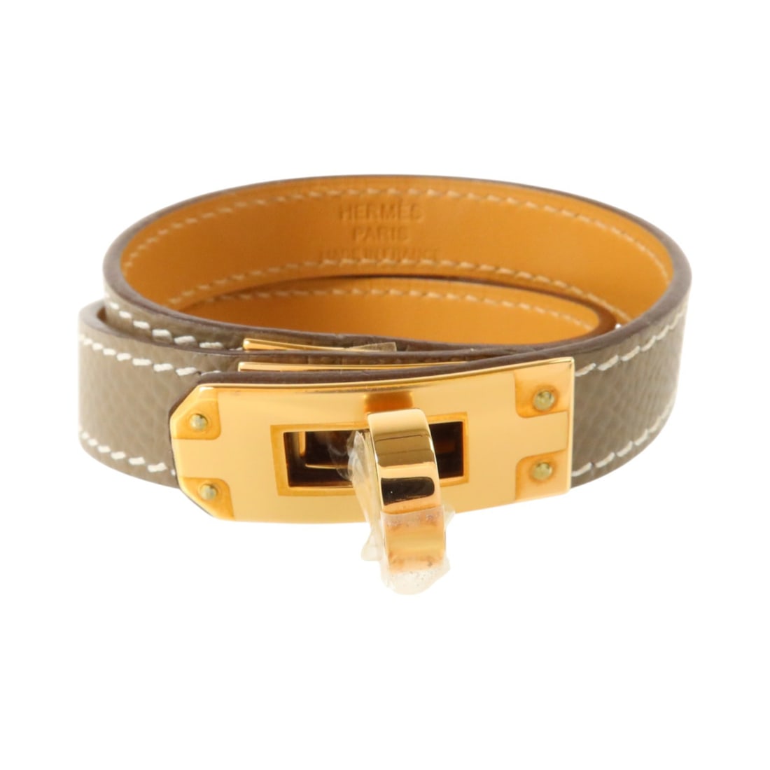 HERMES Kelly Double Tour Bracelet Etoupe Epsom Calfskin Brown: HERMES Kelly Double Tour Bracelet Etoupe Epsom Calfskin Brown Hermes Kelly Double Tour bracelet in Etoupe grey and brown Epsom and calfskin with metal accents. This women's bracelet features the Kelly