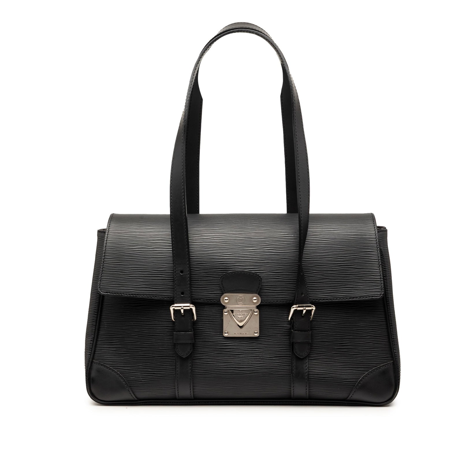 Louis Vuitton Epi Segur MM Black Leather Bag: Louis Vuitton Epi Segur MM Black Leather Bag This Louis Vuitton Epi Segur MM bag features a structured silhouette crafted from signature Epi leather in black. It is designed with flat leather straps, 