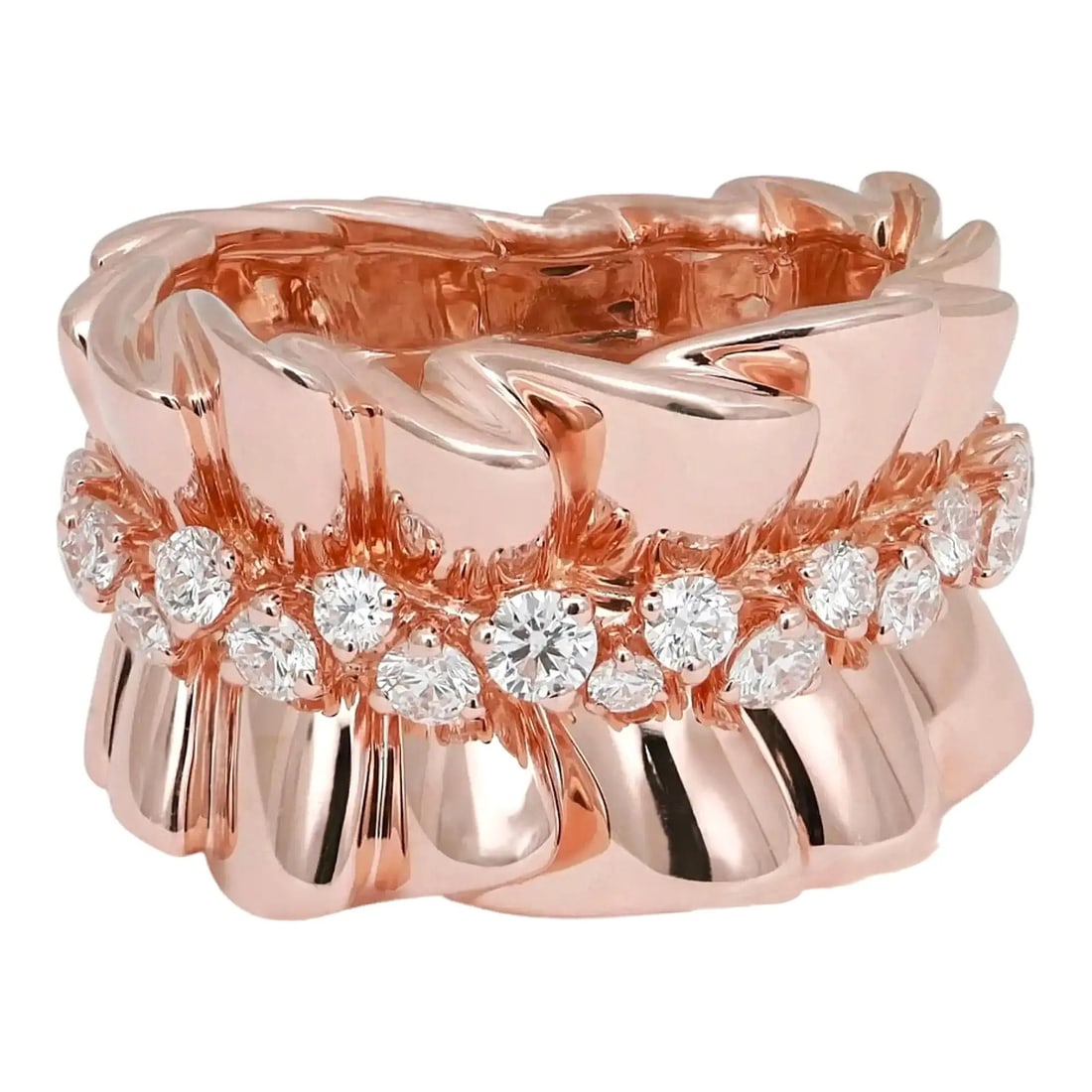 Dior Bar en Corolle 18K Rose Gold Diamond Band Ring Size 6.5: Dior Bar en Corolle 18K Rose Gold Diamond Band Ring Size 6.5 Dior Bar en Corolle band ring in 18k rose gold with a sculptural pleated design set with 33 round brilliant cut natural diamonds. Inspired 