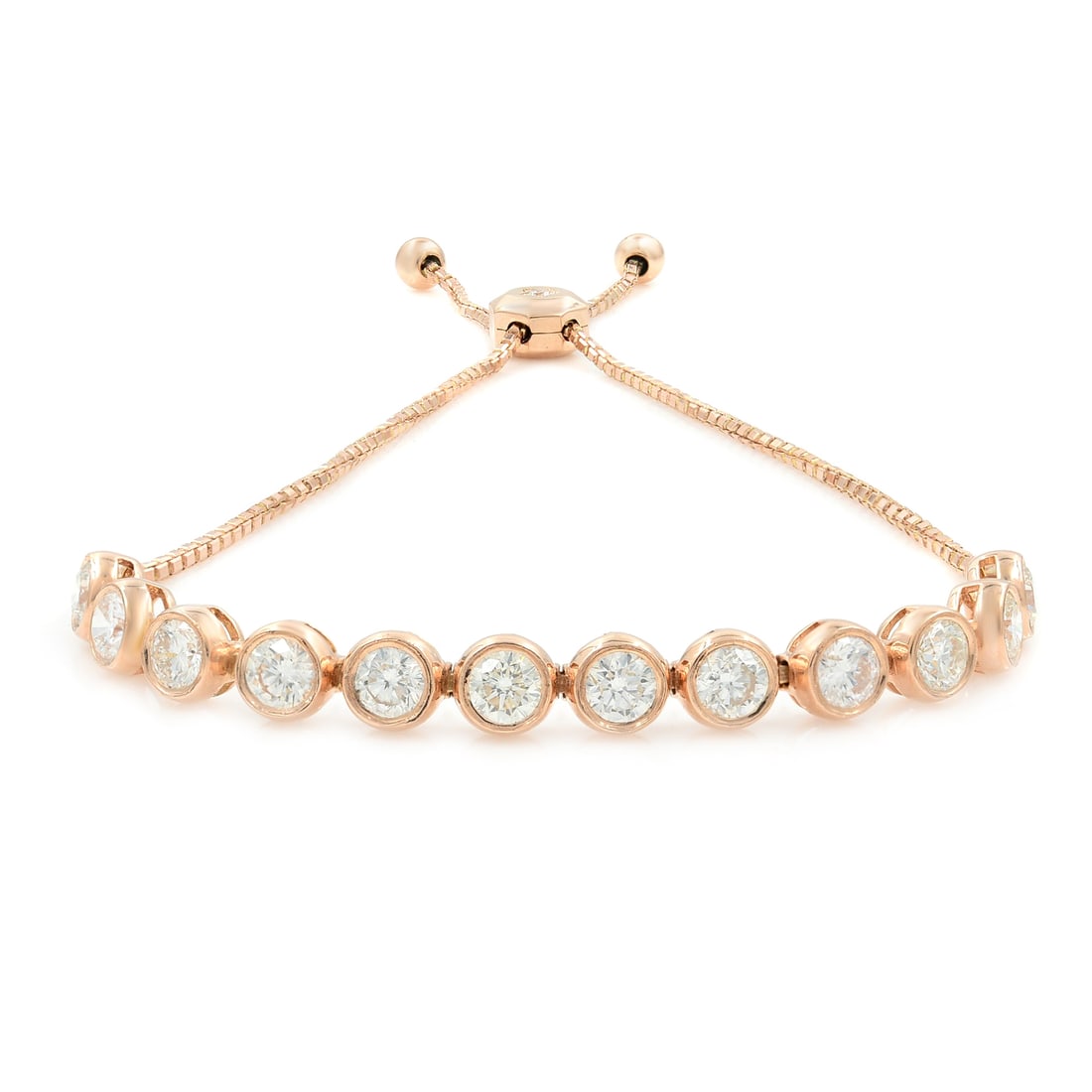 Rachel Koen 14K Rose Gold Bolo Bracelet 2.05ct Diamond: Rachel Koen 14K Rose Gold Bolo Bracelet 2.05ct Diamond This exquisite bolo bracelet by Rachel Koen is crafted from 14K rose gold and features a stunning bezel set diamond design totaling 2.05 carats. 