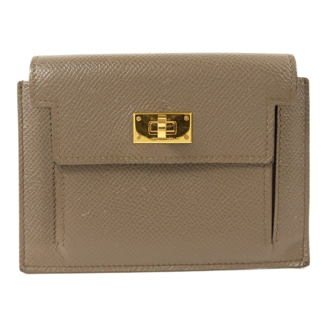 Hermes Kelly Pocket Bifold Wallet Epsom Calfskin Etain Gray: Hermes Kelly Pocket Bifold Wallet Epsom Calfskin Etain Gray Hermes Kelly Pocket Wallet in Etain gray, crafted from Epsom leather and calfskin (cowhide). This bi-fold wallet features a turn lock closur
