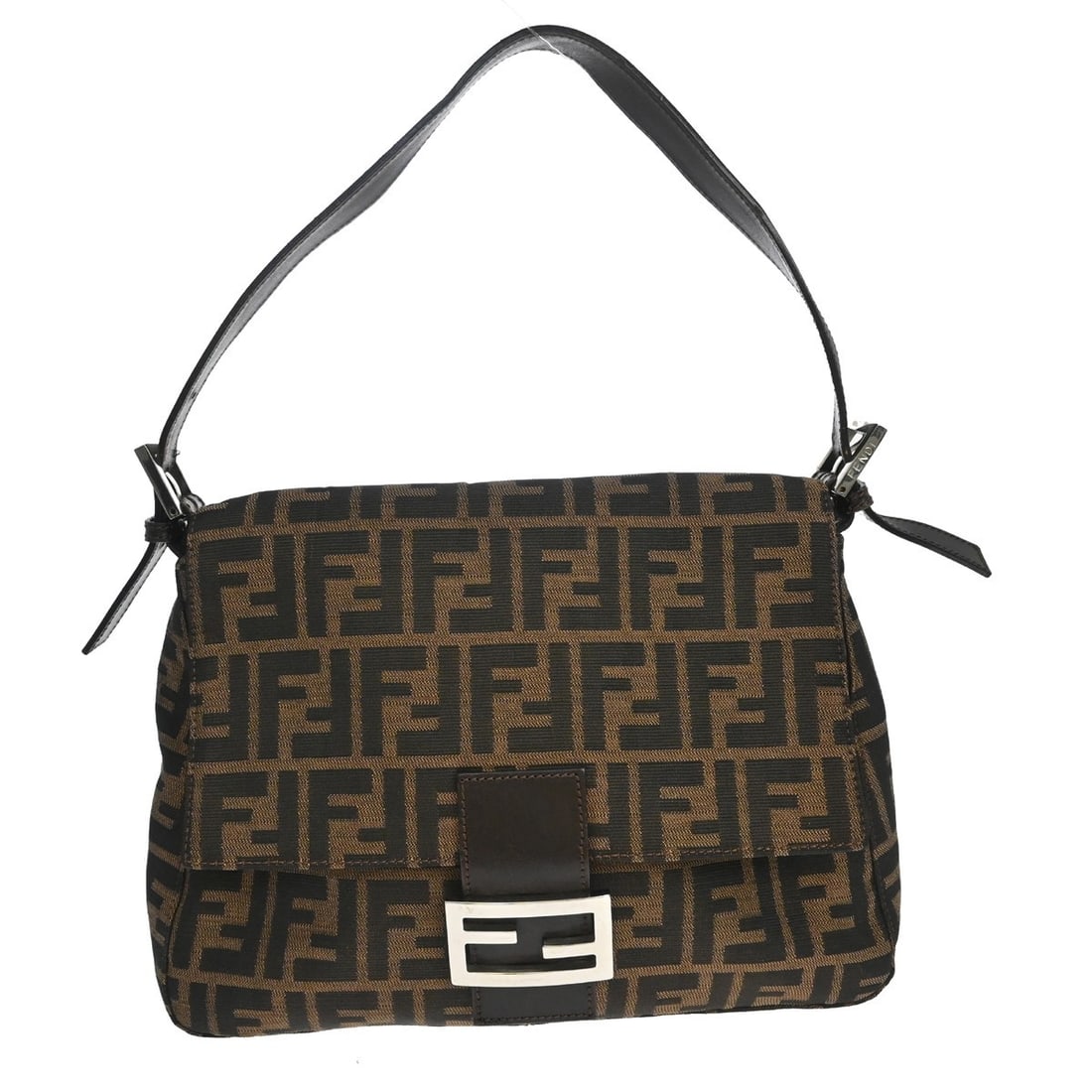 Fendi Mamma Baguette Zucca Brown Canvas Shoulder Bag: Fendi Mamma Baguette Zucca Brown Canvas Shoulder Bag Vintage Fendi Mamma Baguette handbag in the Zucca pattern with a brown canvas exterior, leather trim, and a logo buckle accent. This medium shoulde