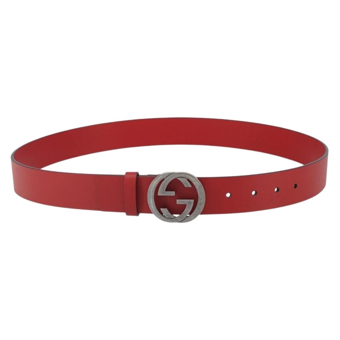 GUCCI 546389 Interlocking G Leather Belt Red Silver Tone 42.9in: GUCCI 546389 Interlocking G Leather Belt Red Silver Tone 42.9in Gucci Interlocking G leather belt in red with silver-tone hardware. This women's belt is made in Italy and includes a dust bag. Conditio