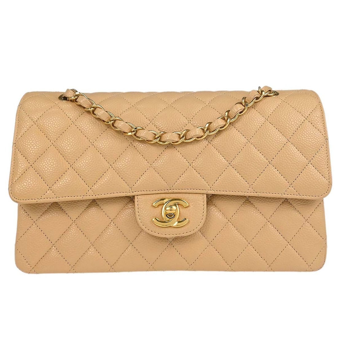 CHANEL Classic Double Flap Medium Beige Caviar Leather Shoulder Bag: CHANEL Classic Double Flap Medium Beige Caviar Leather Shoulder Bag Chanel Classic Double Flap Medium shoulder bag in beige caviar skin leather with matelasse quilting and a turnlock closure. Designed