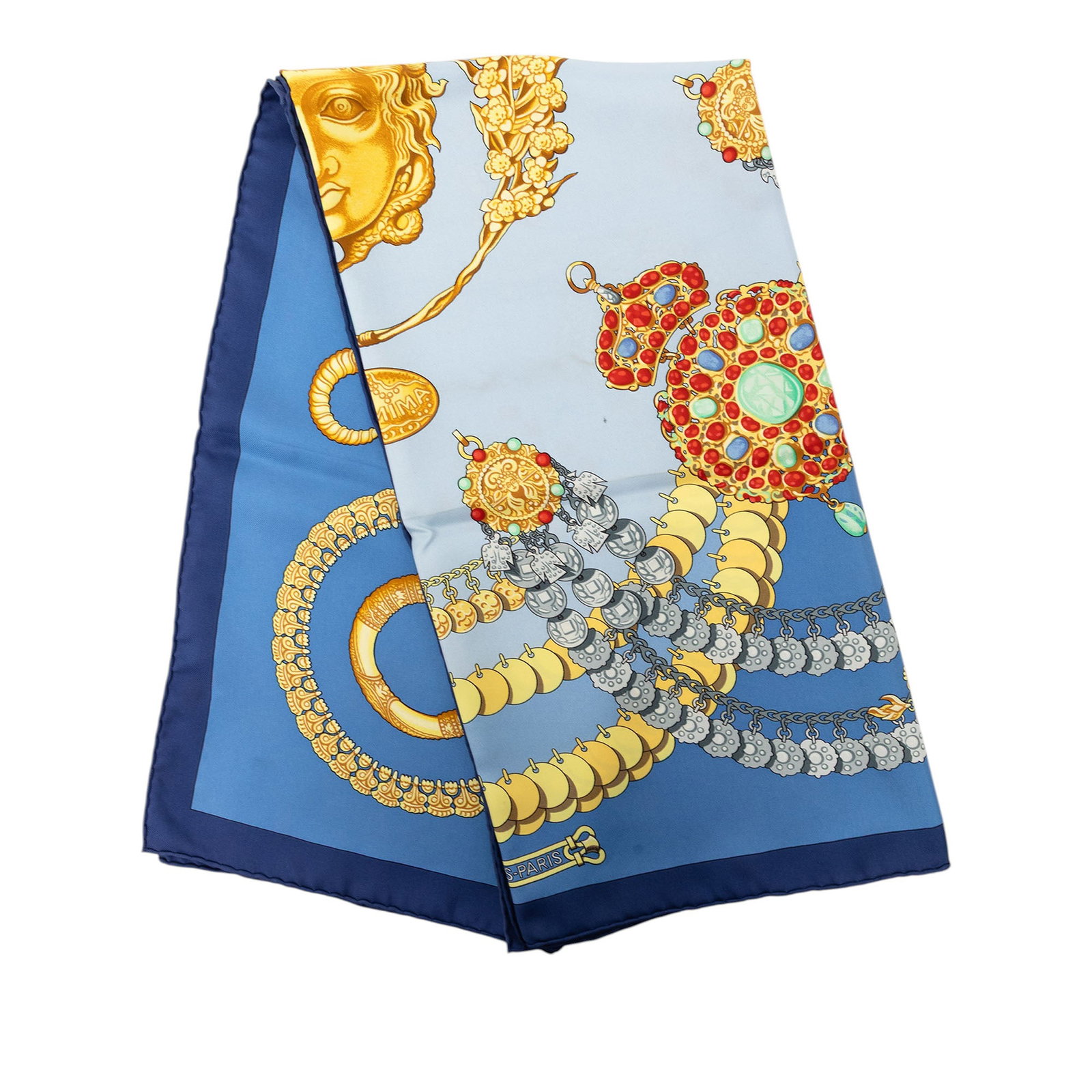 Hermes Kosmima 90 silk scarf blue France: Hermes Kosmima 90 silk scarf blue France Hermes Kosmima Silk Scarf 90 in blue with a printed design on silk. Made in France, this accessory shows condition grade B+ with noted cut stitching and staini