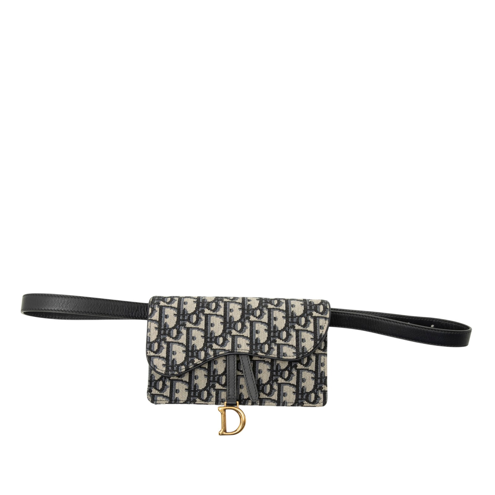 Dior Saddle Belt Bag in Blue Oblique Canvas: Dior Saddle Belt Bag in Blue Oblique Canvas Dior Oblique Canvas Saddle Belt Bag in blue fabric with a canvas body, adjustable flat belt strap, and front flap closure. Made in Italy. Condition is B+ wi