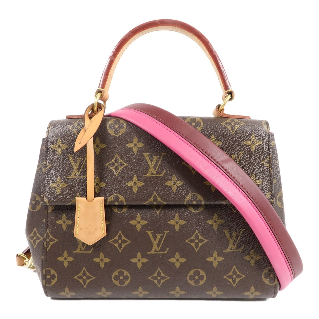 Louis Vuitton Cluny BB M42738 Monogram 2 Way Shoulder Bag: Louis Vuitton Cluny BB M42738 Monogram 2 Way Shoulder Bag Louis Vuitton Cluny BB 2-way shoulder bag in Monogram PVC coated canvas with a brown exterior and pink accents. This women's bag features a to