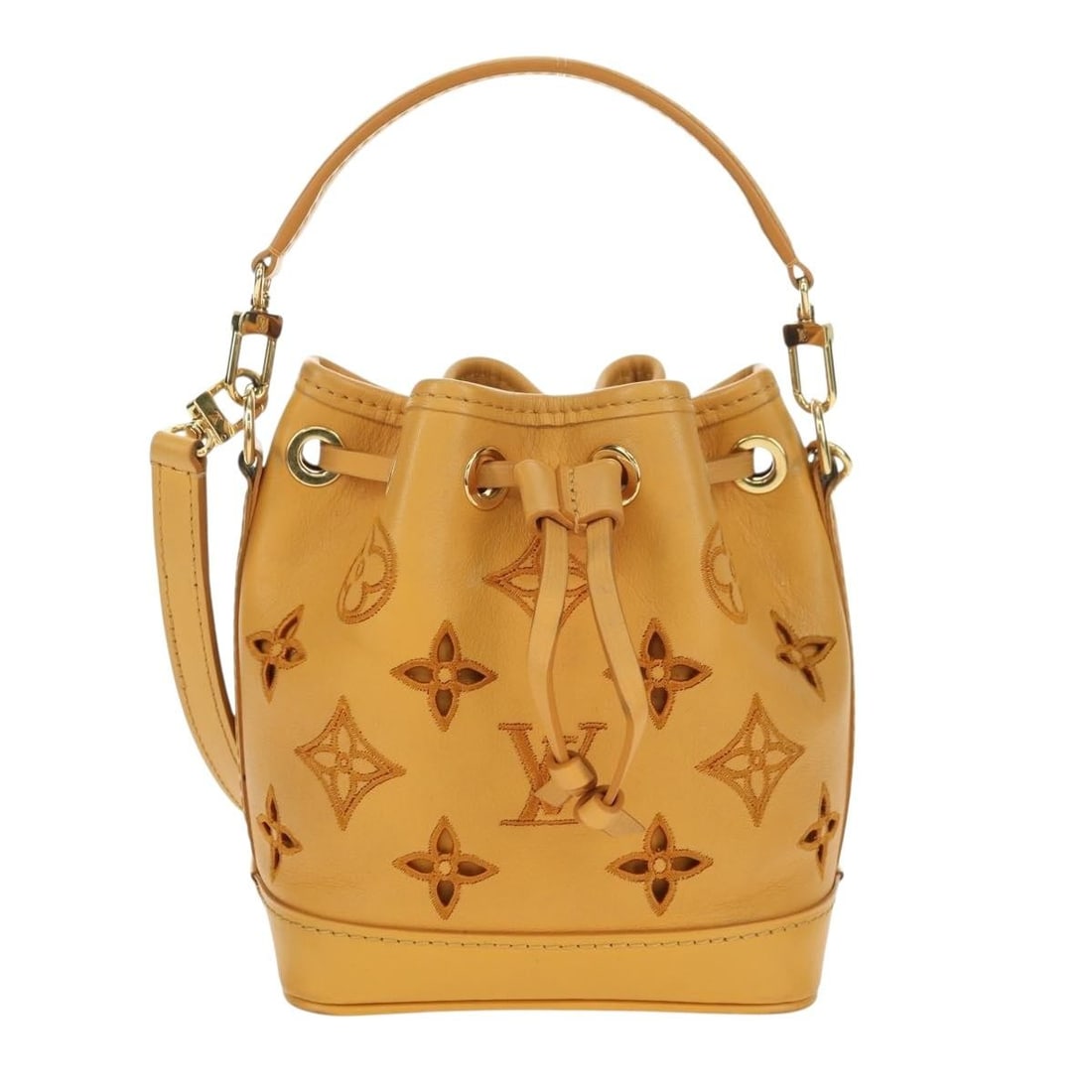 Louis Vuitton Noe NM yellow leather perforated embroidered monogram handbag: Louis Vuitton Noe NM yellow leather perforated embroidered monogram handbag This Louis Vuitton Noe NM Handbag features a distinctive perforated and embroidered Monogram leather design in a vibrant yel