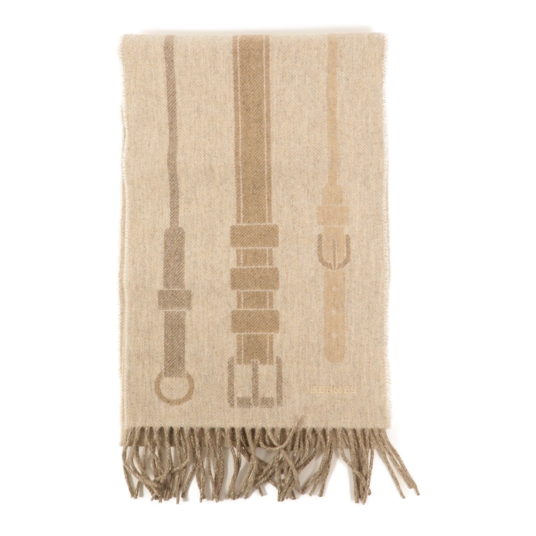 HERMES H394402T 01 Sangles Equestres Cashmere Scarf Beige: HERMES H394402T 01 Sangles Equestres Cashmere Scarf Beige Hermes Sangles Equestres scarf in beige cashmere with a refined, elongated silhouette. Made in France, this women's scarf comes with a storage