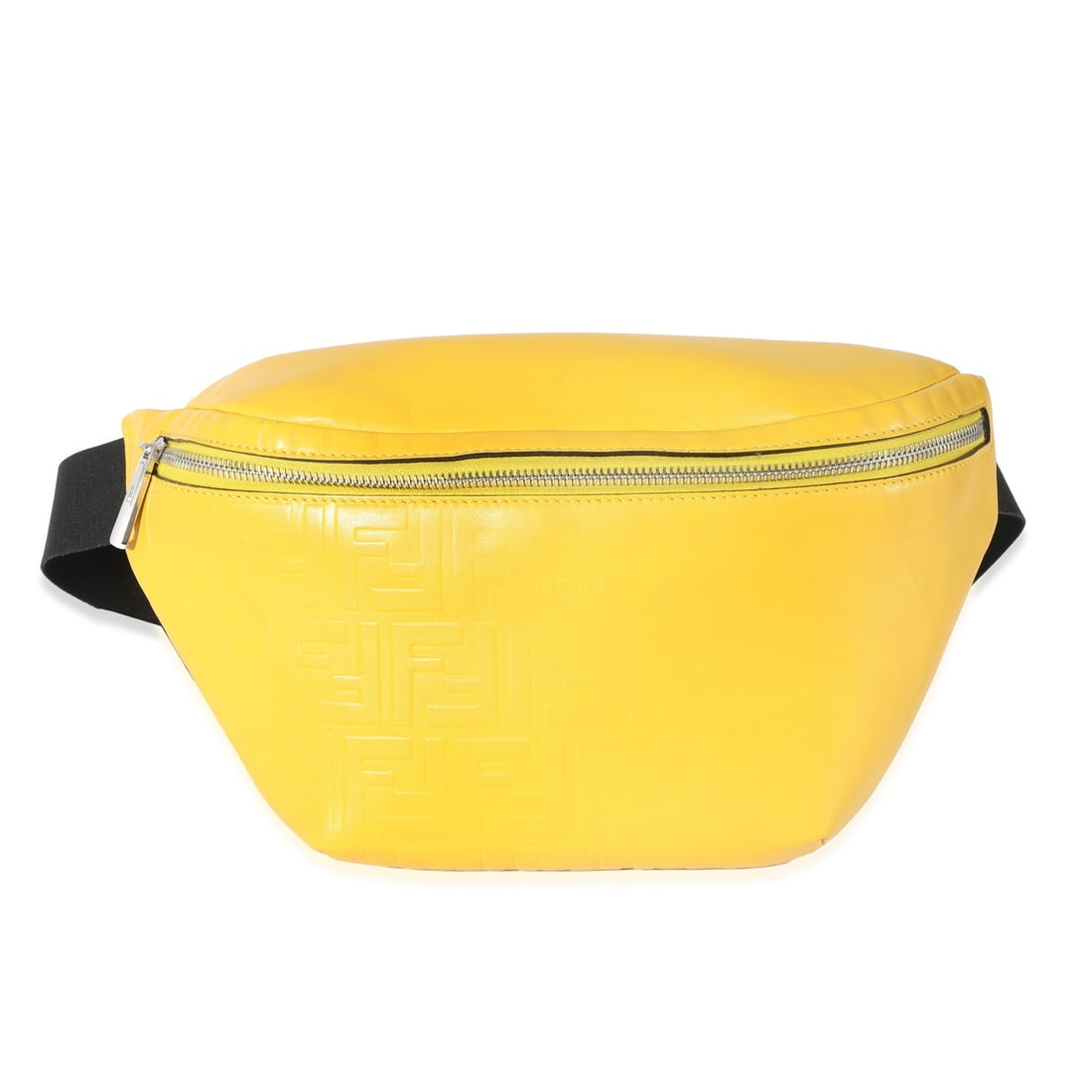 Fendi FF 1974 yellow leather belt bag with dustbag card: Fendi FF 1974 yellow leather belt bag with dustbag card Pre-owned Fendi FF 1974 belt bag in yellow calfskin with embossed detailing. This unisex design features a zip-around closure, black fabric lini