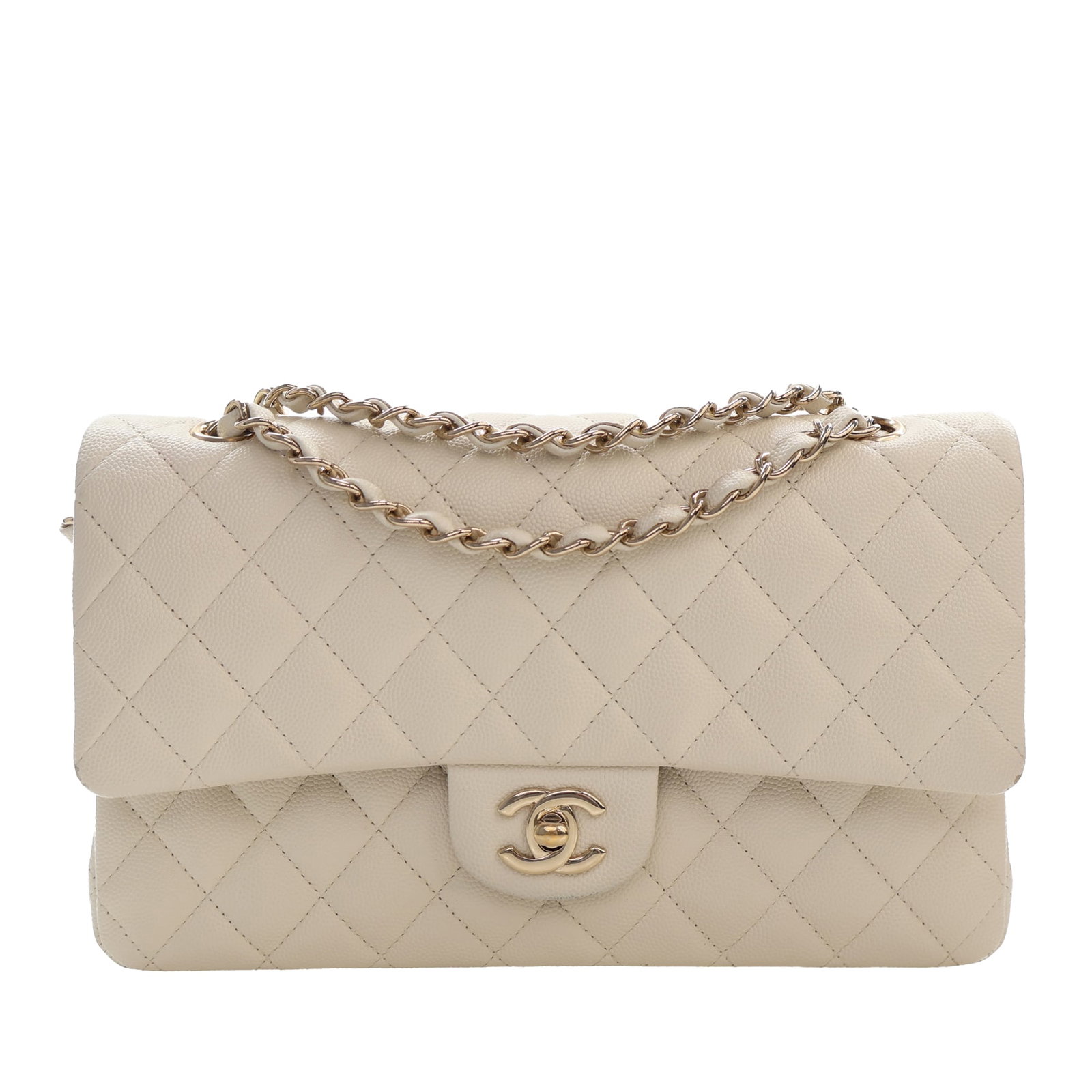 Chanel Medium Classic Double Flap White Caviar Leather Shoulder Bag: Chanel Medium Classic Double Flap White Caviar Leather Shoulder Bag Medium Classic Caviar Double Flap shoulder bag crafted in quilted caviar leather with leather-woven chain link straps. The design fe