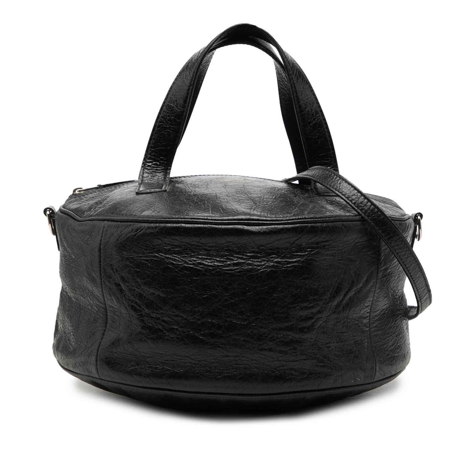 Balenciaga Round Arena Air Hobo Black Lambskin Satchel: Balenciaga Round Arena Air Hobo Black Lambskin Satchel Balenciaga Lambskin Round Arena Air Hobo in black leather with flat leather handles, a detachable flat leather strap, and a top zip closure. Made