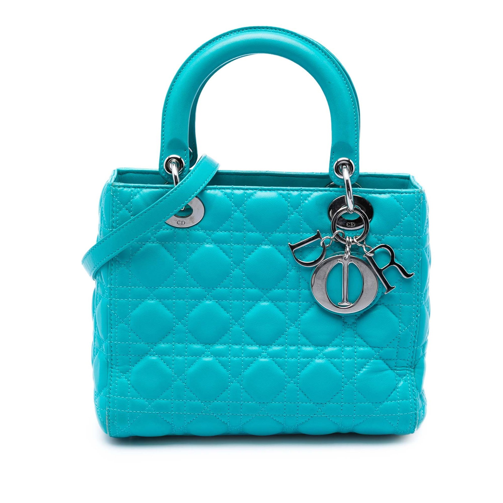 Dior Lady Dior Medium Blue Lambskin Cannage Bag: Dior Lady Dior Medium Blue Lambskin Cannage Bag Medium Lady Dior bag in blue lambskin with Cannage quilting. This handbag features flat leather top handles, a detachable flat leather shoulder strap, a