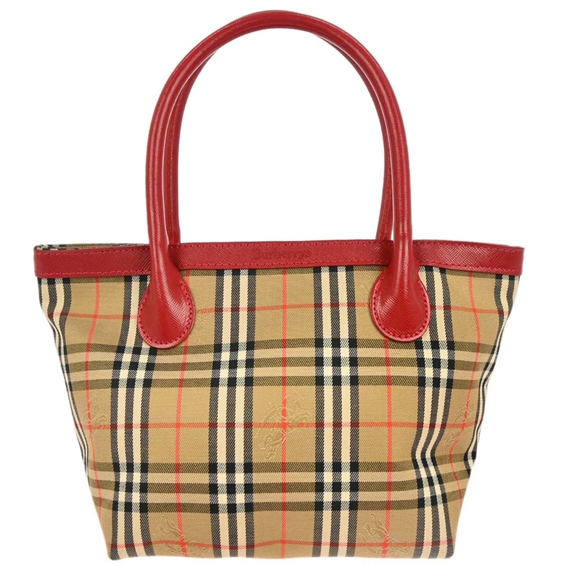 Burberrys House Check Small Tote Bag Beige Canvas Red Leather: Burberrys House Check Small Tote Bag Beige Canvas Red Leather Burberrys beige and red canvas tote handbag from the Burberry House product line, designed for women and suitable for casual wear. It feat