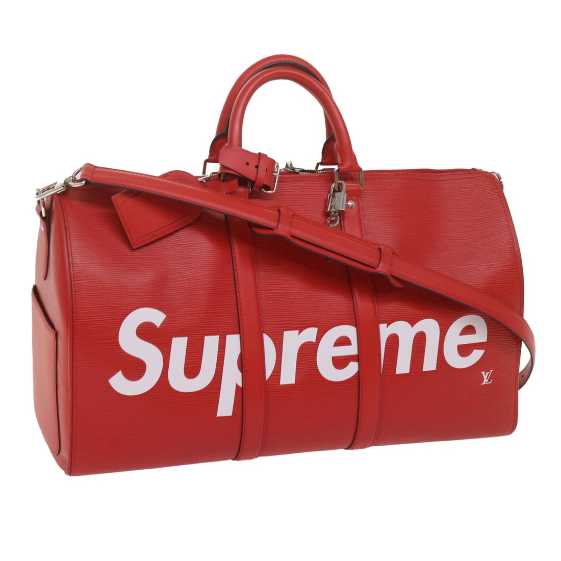 Louis Vuitton Supreme Keepall 45 Bandouliere Boston Bag Red Epi Leather: Louis Vuitton Supreme Keepall 45 Bandouliere Boston Bag Red Epi Leather Louis Vuitton Epi Supreme Keepall Bandouliere 45 in red Epi leather, styled as a Boston bag. Made in France, this women's bag me