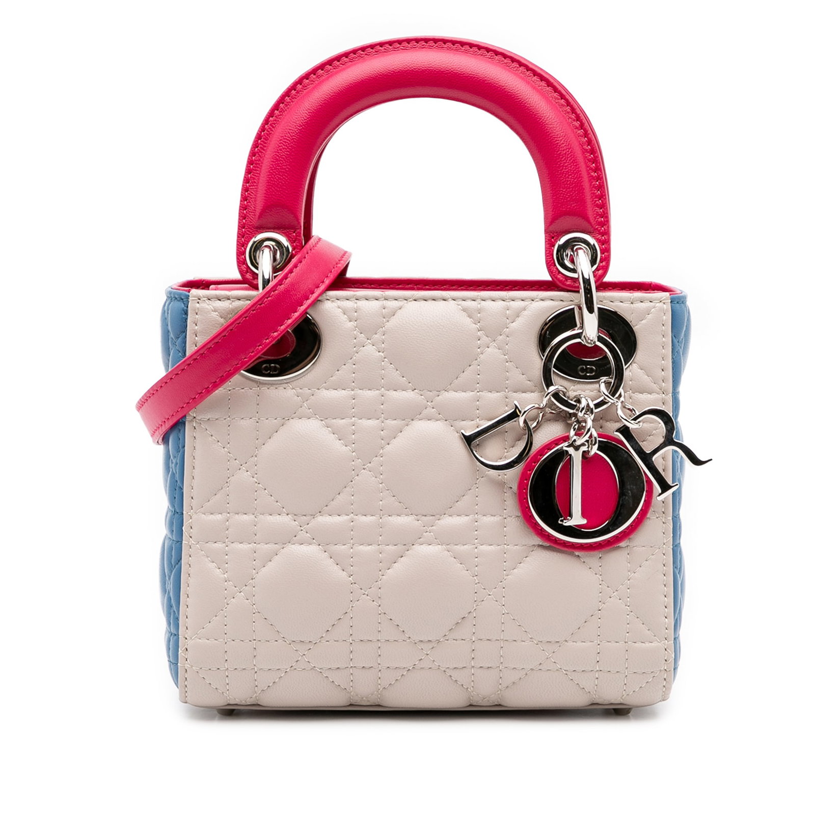 Dior Mini Tricolor Lambskin Cannage Lady Dior Bag: Dior Mini Tricolor Lambskin Cannage Lady Dior Bag The Mini Lady Dior is an elegant handbag crafted from luxurious quilted lambskin leather in a sophisticated brown hue. This stylish bag features flat 