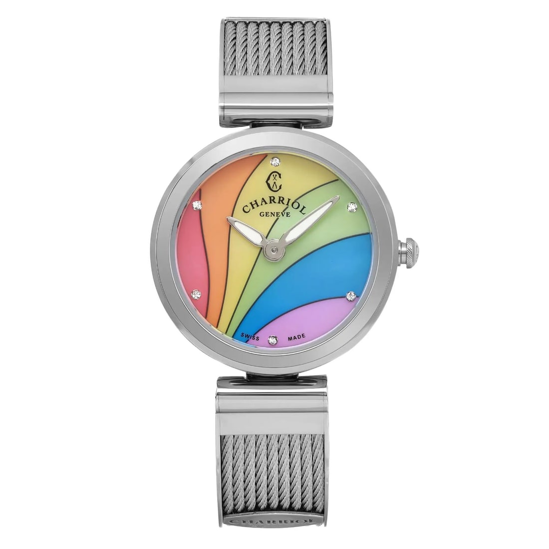 Charriol Forever Rainbow Quartz Watch Steel Diamond MOP Dial FE32.101.032: Charriol Forever Rainbow Quartz Watch Steel Diamond MOP Dial FE32.101.032 Elevate your style with the Charriol Forever Rainbow Steel Diamond MOP Dial Ladies Quartz Watch. This exquisite wristwatch fea