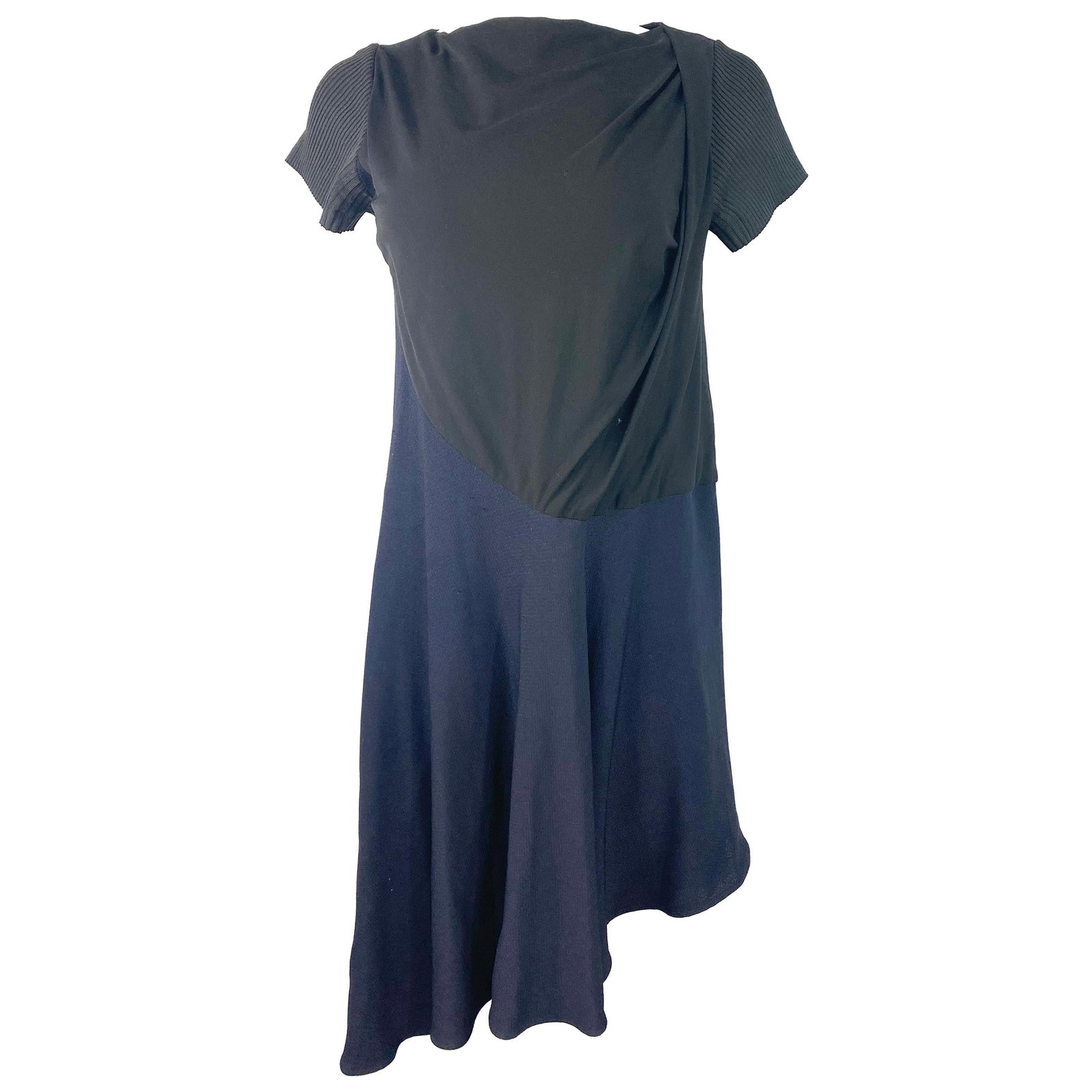 Balenciaga size 40 black navy short sleeve dress: Balenciaga size 40 black navy short sleeve dress A Balenciaga Paris dress in black and navy, designed with short sleeves, a crew neckline, asymmetrical lines, and a combination of mesh and ribbed text