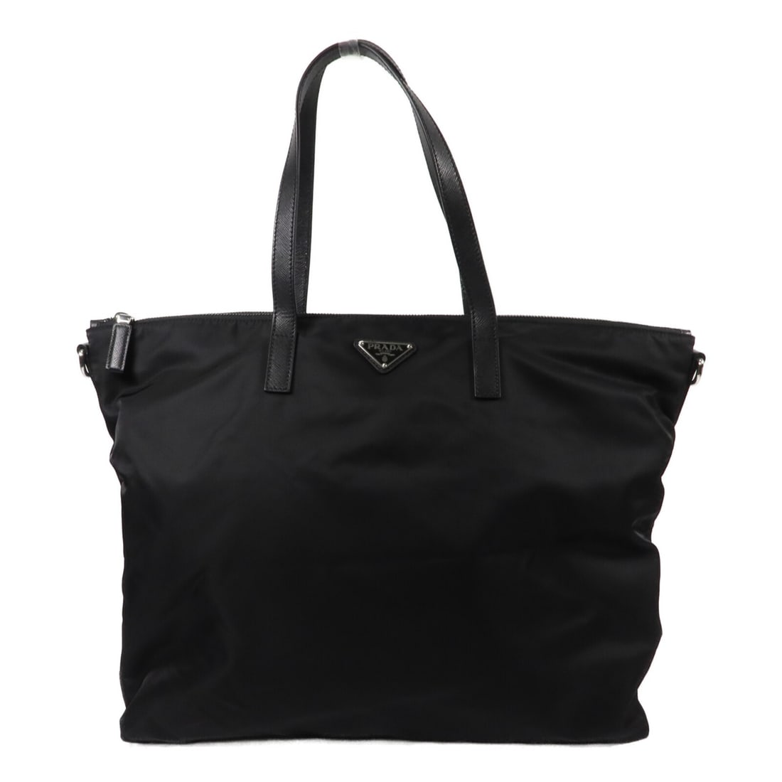 PRADA 2VG024 black nylon tote with shoulder strap: PRADA 2VG024 black nylon tote with shoulder strap Prada 2-way tote and shoulder bag in black nylon/tessuto saffiano with silver-tone hardware. This women's bag features a structured, spacious design w