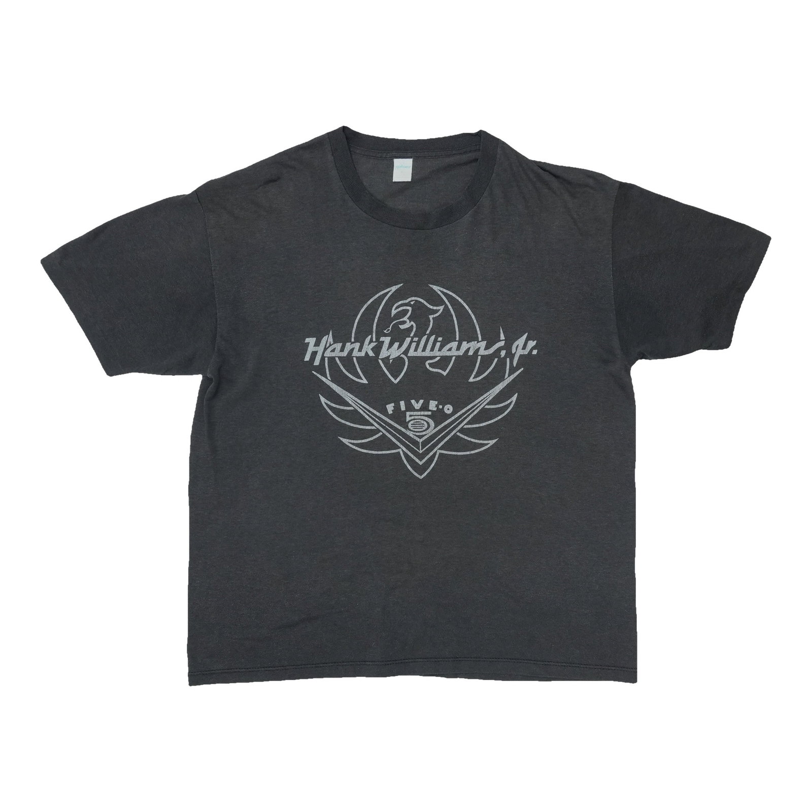 Vintage 1985 Hank Williams Jr Five-O Black T Shirt: Vintage 1985 Hank Williams Jr Five-O Black T Shirt Original vintage 1985 Hank Williams Jr Five-O shirt in black. This rare 1980s tee is described as a true vintage shirt, not a modern reproduction.