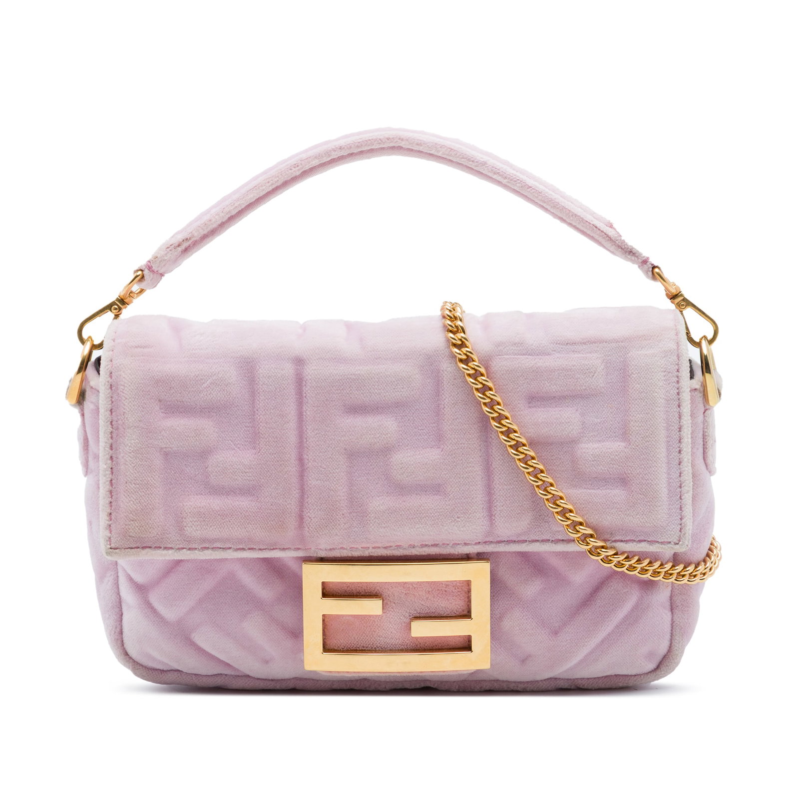 Fendi Mini Zucca Baguette Satchel in Pink Embossed Velvet: Fendi Mini Zucca Baguette Satchel in Pink Embossed Velvet Mini Baguette satchel in pink embossed velvet with a front flap and magnetic snap closure. The bag features a detachable flat handle, a