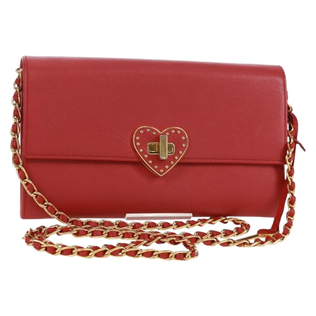 Prada Saffiano Leather Shoulder Bag Red with Gold Tone Chain: Prada Saffiano Leather Shoulder Bag Red with Gold Tone Chain Prada shoulder bag in red Saffiano leather with gold-tone accents. This women's bag is made in Italy and includes the item box, one key, an