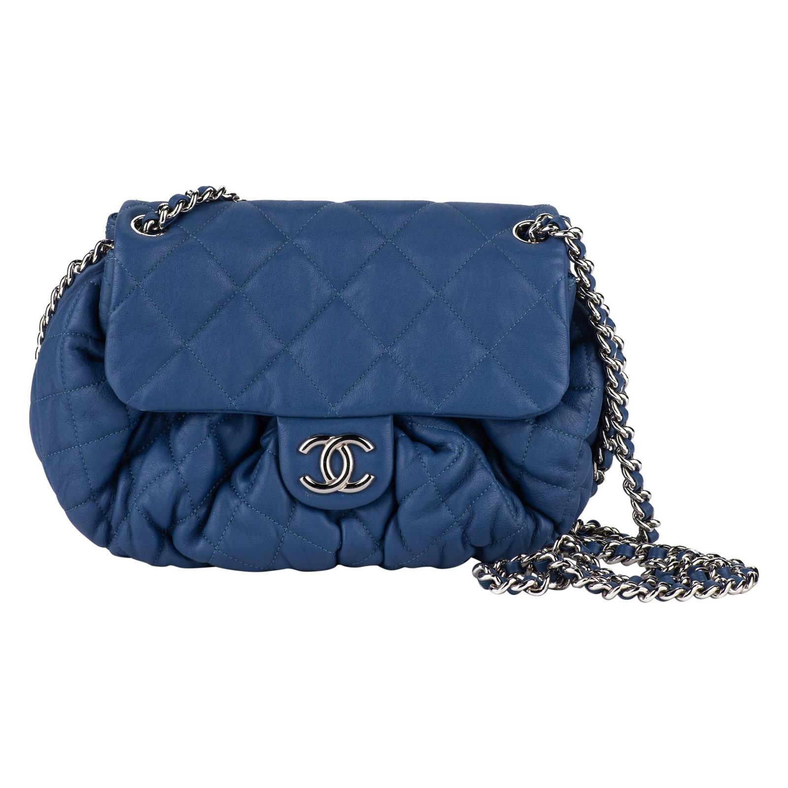 Chanel Chain Around Shoulder Bag Blue Lambskin Quilted Flap: Chanel Chain Around Shoulder Bag Blue Lambskin Quilted Flap Chanel Chain Around flap bag in blue quilted lambskin with silver toned hardware. This shoulder bag features a woven leather and chain strap