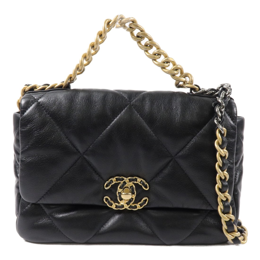 CHANEL C19 Small 2way Shoulder Bag AS1160 Black Lambskin GHW: CHANEL C19 Small 2way Shoulder Bag AS1160 Black Lambskin GHW CHANEL 2-way shoulder handbag in black lambskin (sheep leather), model AS1160, from the C19 line. It features a turn lock closure, an exter