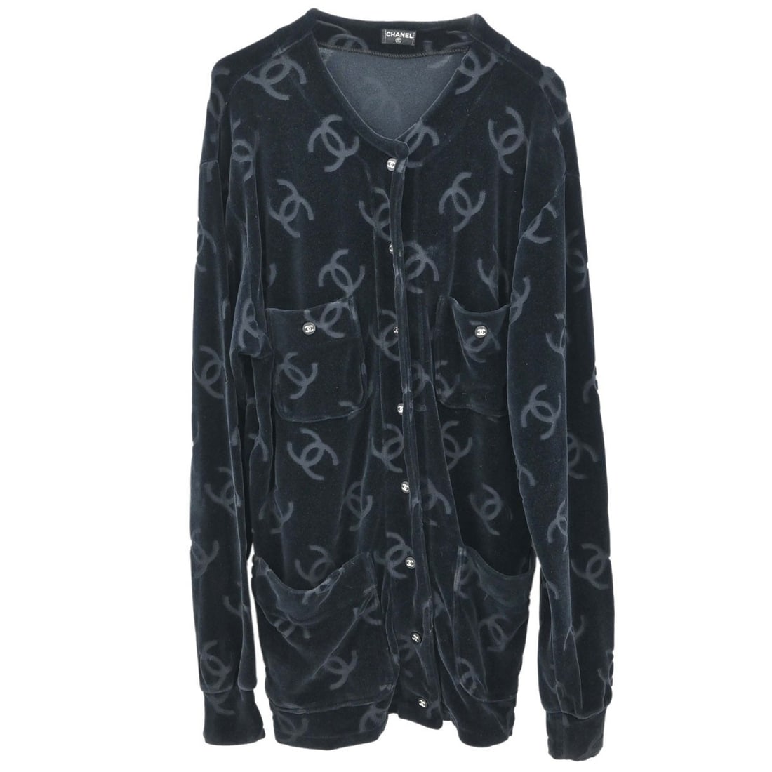 CHANEL Black Velours Cardigan Women Size 36: CHANEL Black Velours Cardigan Women Size 36 Chanel black velours cardigan in a regular women's size 36. This long-sleeve basic style is made in France from 85% cotton, 13.5% nylon, and 1.5% spandex. I