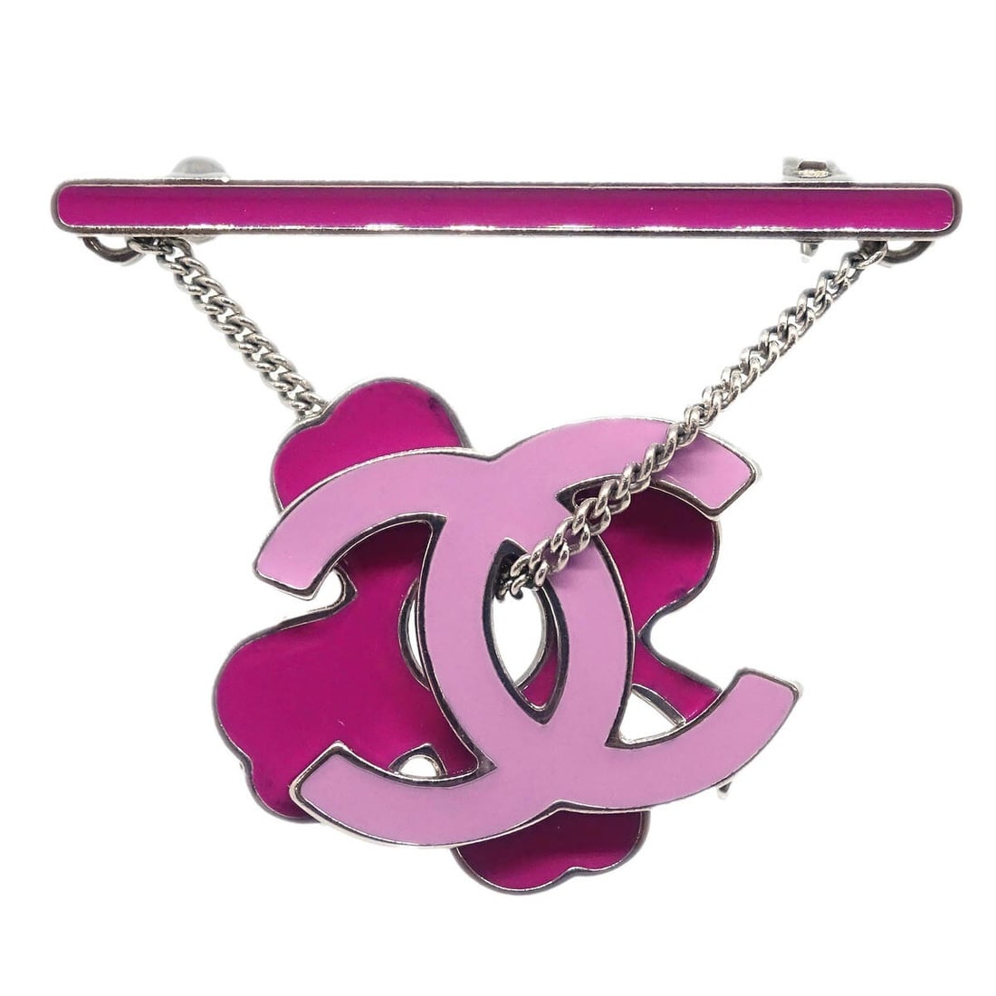 Chanel 04P Silver Plated Dangle Brooch with Pink Accent: Chanel 04P Silver Plated Dangle Brooch with Pink Accent Chanel dangle brooch pin in silver-plated metal with pink detailing. Marked 04P, this brooch is made in Italy and is presented in very good cond