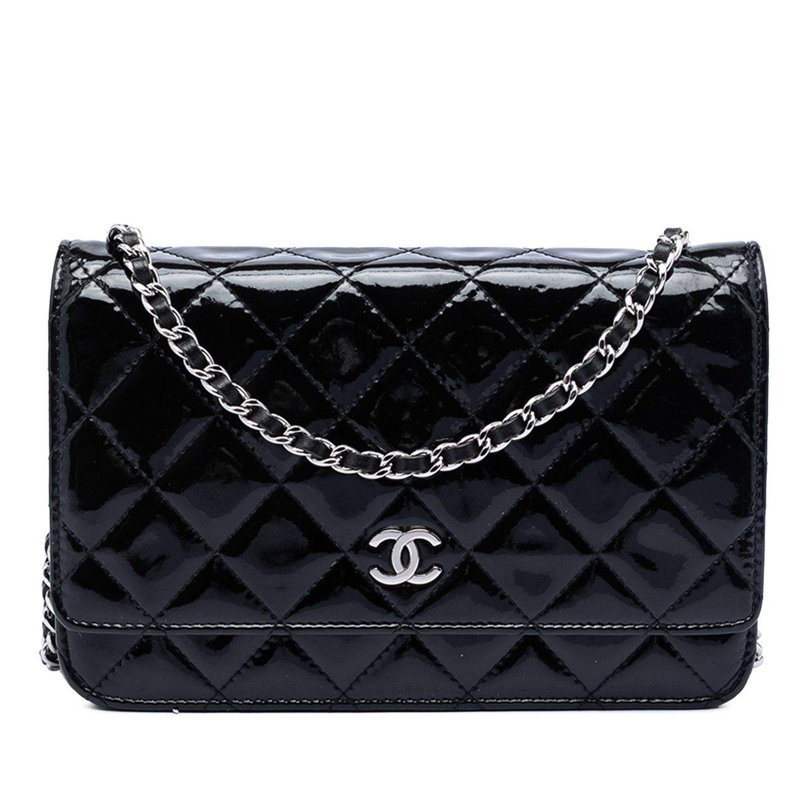 Chanel quilted patent leather chain wallet bag: Chanel quilted patent leather chain wallet bag This Chanel CC Quilted Patent Wallet On Chain features a black quilted patent leather exterior with a leather-woven chain link shoulder strap. It has a f
