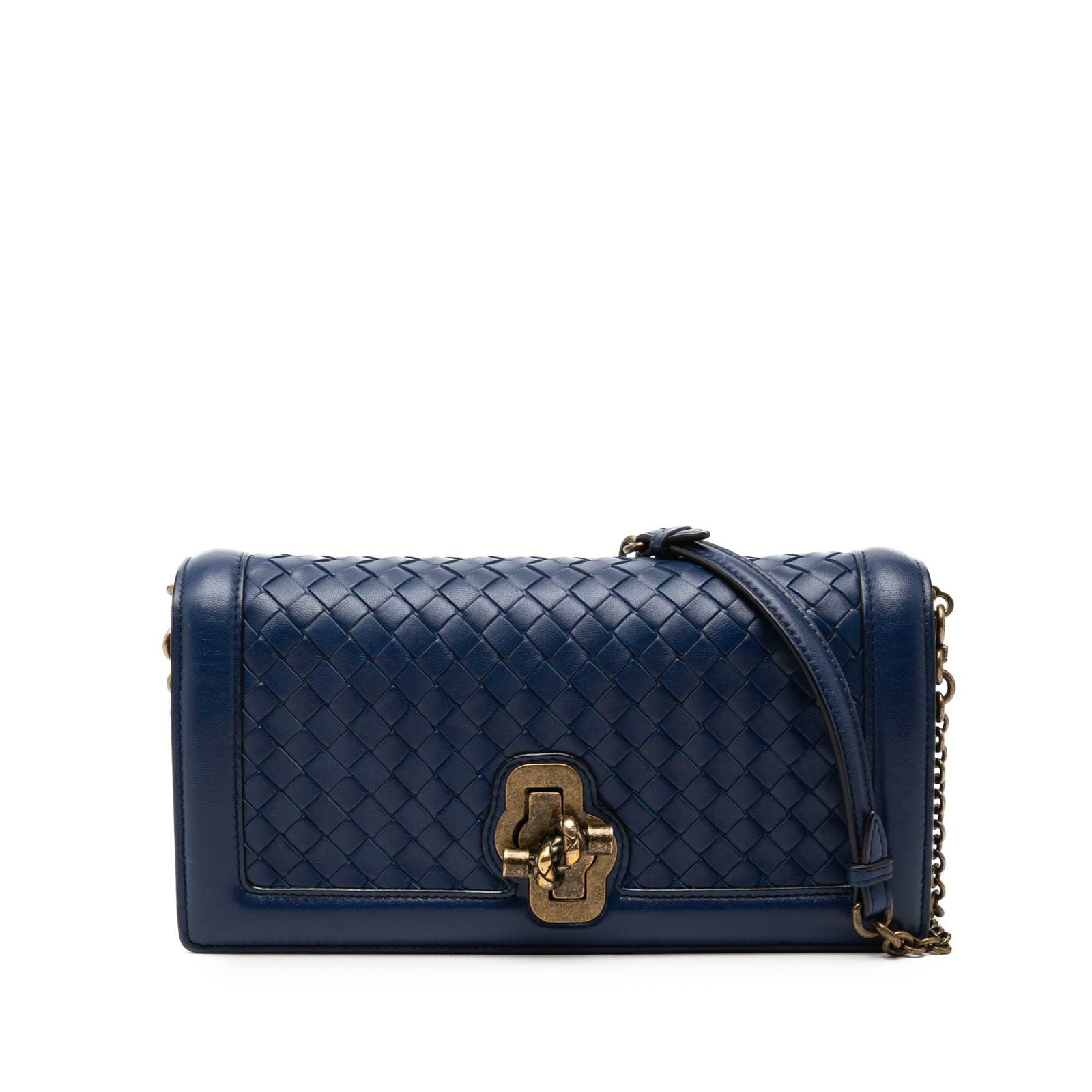 Blue leather crossbody bag Bottega Veneta Olimpia Knot Intrecciato: Blue leather crossbody bag Bottega Veneta Olimpia Knot Intrecciato Bottega Veneta Nappa Intrecciato Olimpia Knot Crossbody in blue woven leather. This crossbody bag features a front flap with turn loc