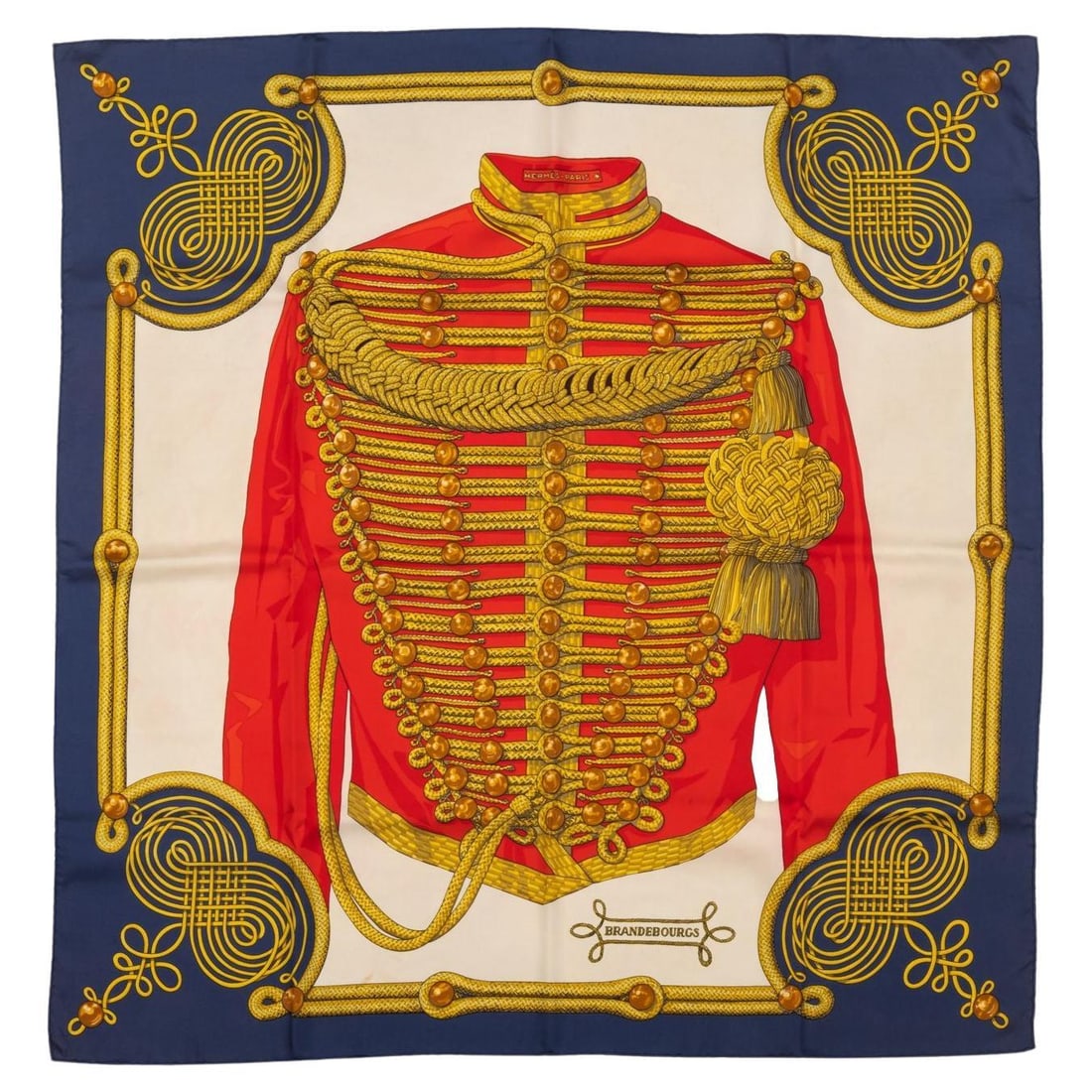 Hermes Vintage Silk Twill Brandebourg Scarf by Caty Latham: Hermes Vintage Silk Twill Brandebourg Scarf by Caty Latham This exquisite vintage Hermes silk twill scarf features the rare Brandebourg design by Caty Latham. With dimensions of 35 in (88.9 cm) by 35 