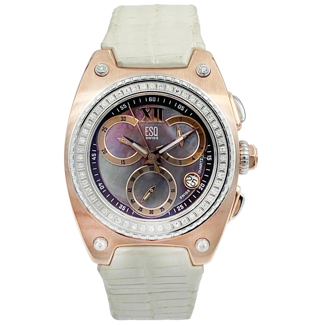 ESQ Movado Fusion Retrograde Ladies Watch Gold Tone MOP Dial 07101300: ESQ Movado Fusion Retrograde Ladies Watch Gold Tone MOP Dial 07101300 Introducing the ESQ Movado Fusion Retrograde Ladies Watch, a stunning blend of elegance and functionality. This exquisite timepiec