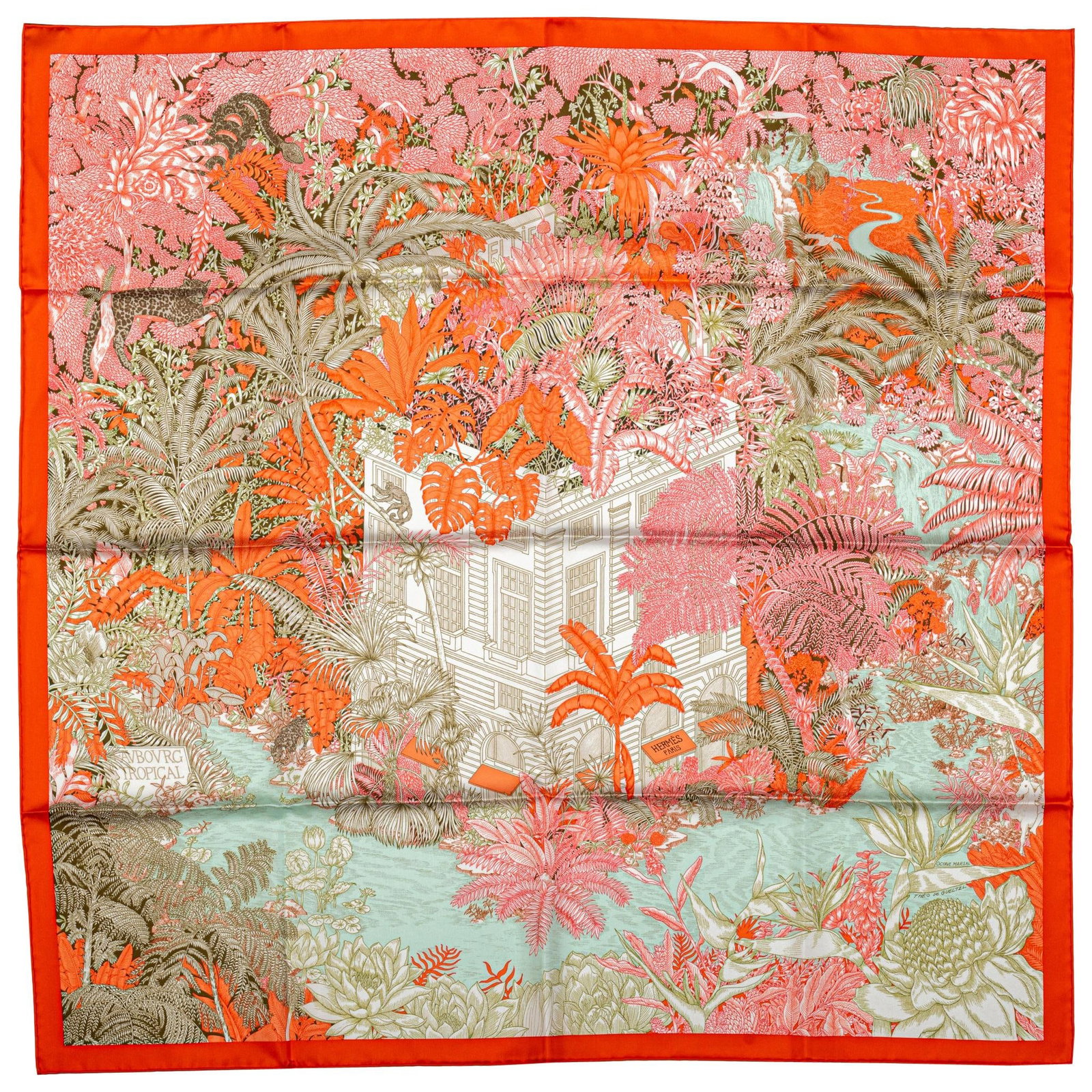 Hermes Tropical Garden Silk Scarf 35x35 Hand-Rolled Edges: Hermes Tropical Garden Silk Scarf 35x35 Hand-Rolled Edges Elevate your accessory collection with this exquisite Hermes Tropical Garden Silk Scarf. Crafted by the iconic Hermes brand, this scarf featur