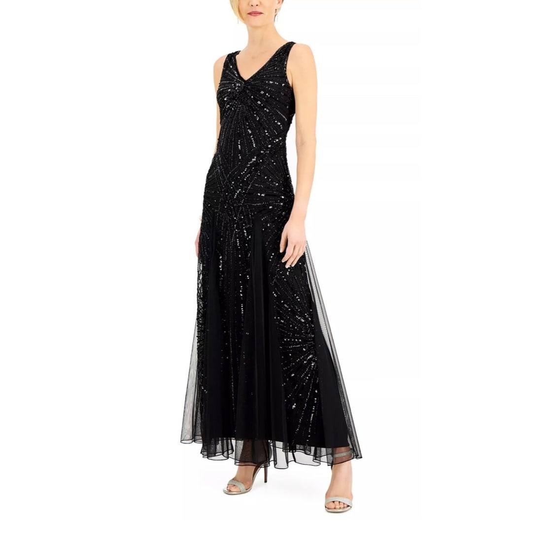 J Kara Black V-Neck Beaded A-Line Long Gown Size 6: J Kara Black V-Neck Beaded A-Line Long Gown Size 6 Elevate your formal wardrobe with this stunning J Kara women's long gown. Designed in a classic black chiffon, this gown features a flattering V-neck