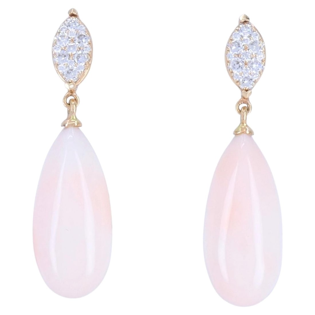 Angel Skin Coral Drop Earrings in 18k Rose Gold with Diamonds: Angel Skin Coral Drop Earrings in 18k Rose Gold with Diamonds A pair of 18k rose gold drop earrings featuring angel skin coral and diamond accents. The design includes a pave diamond marquise-shaped t